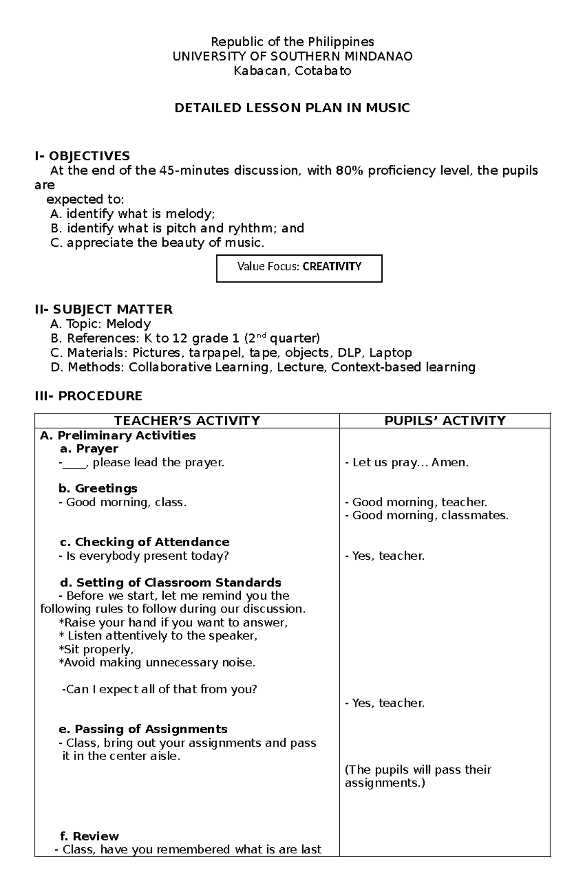 Lessonplan - MUSIC IN THE K-12 - Republic of the Philippines UNIVERSITY ...