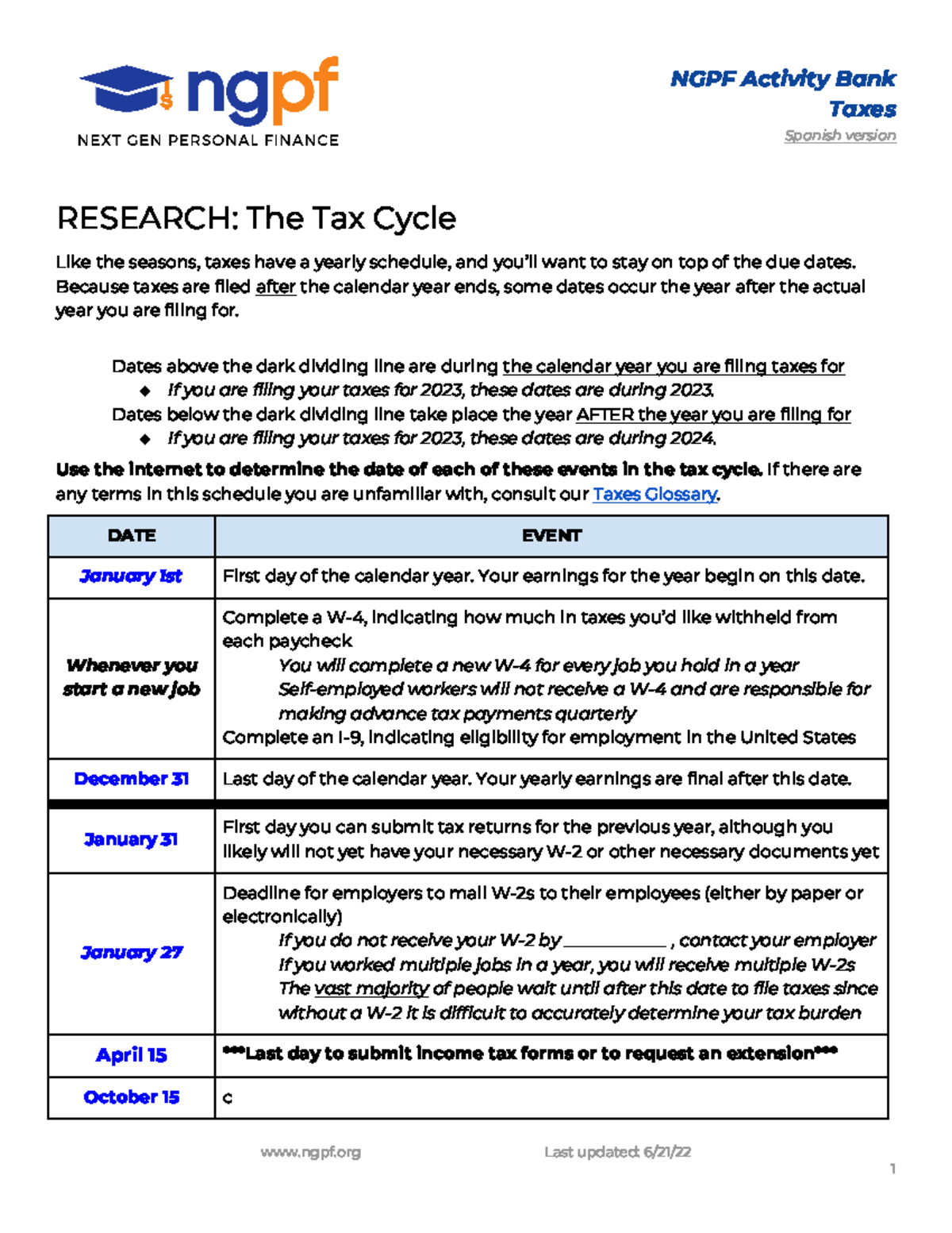 Research The Tax Cycle ngpf Last updated 6 / 21 / 22 1 NGPF Activity