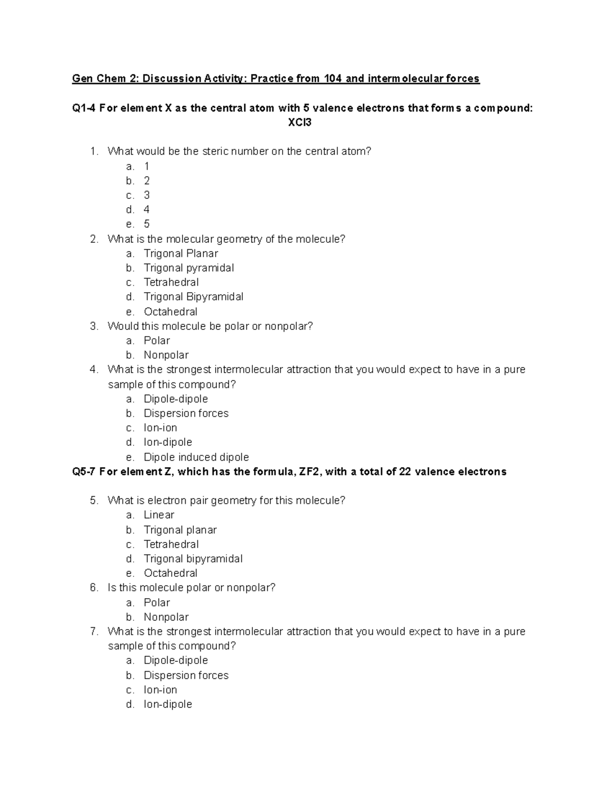 CHEM 105 Discussion Activity Gen Chem 2 Discussion Activity