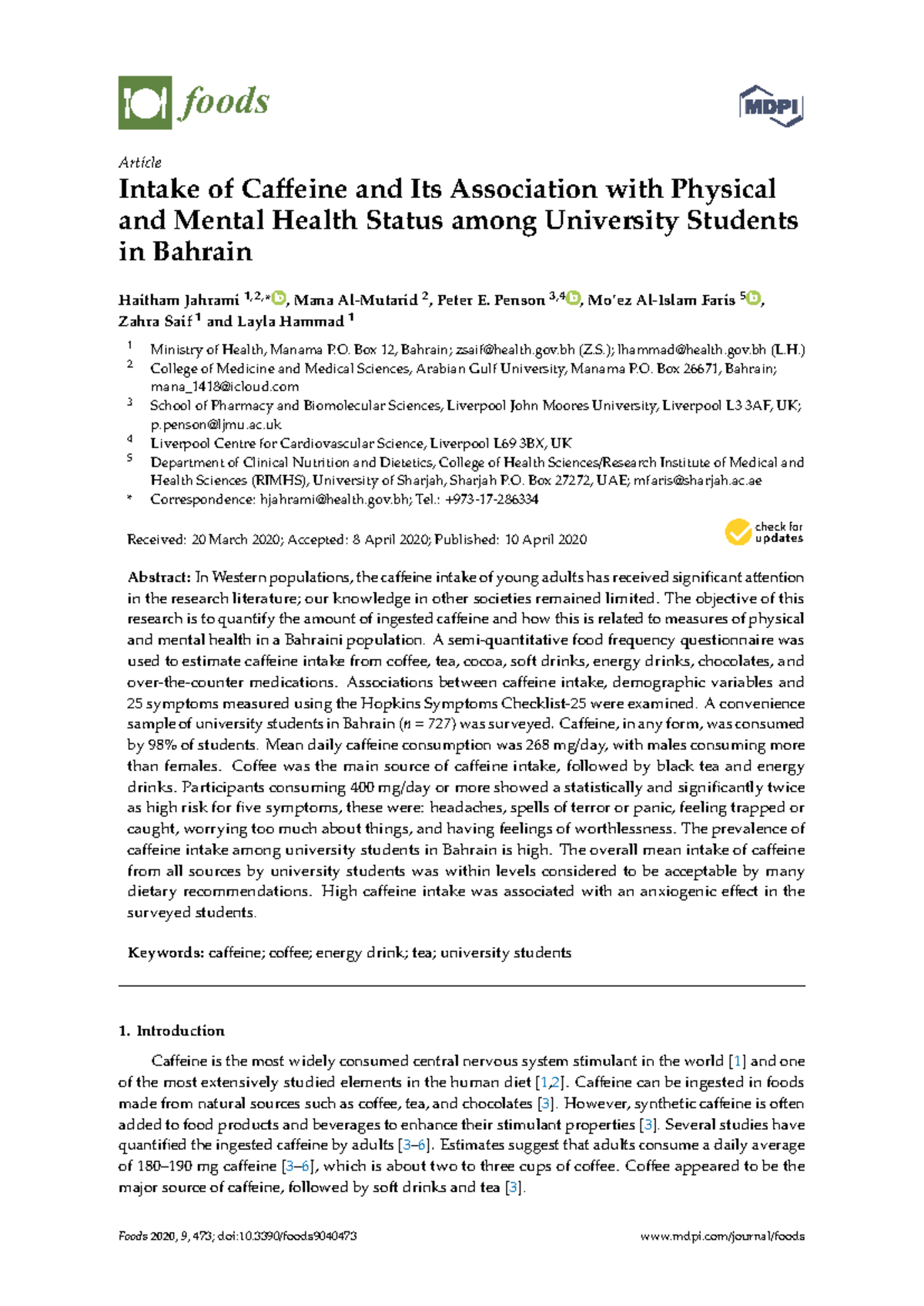 Intake of Caffeine and Its Association with Physical and Mental Health ...