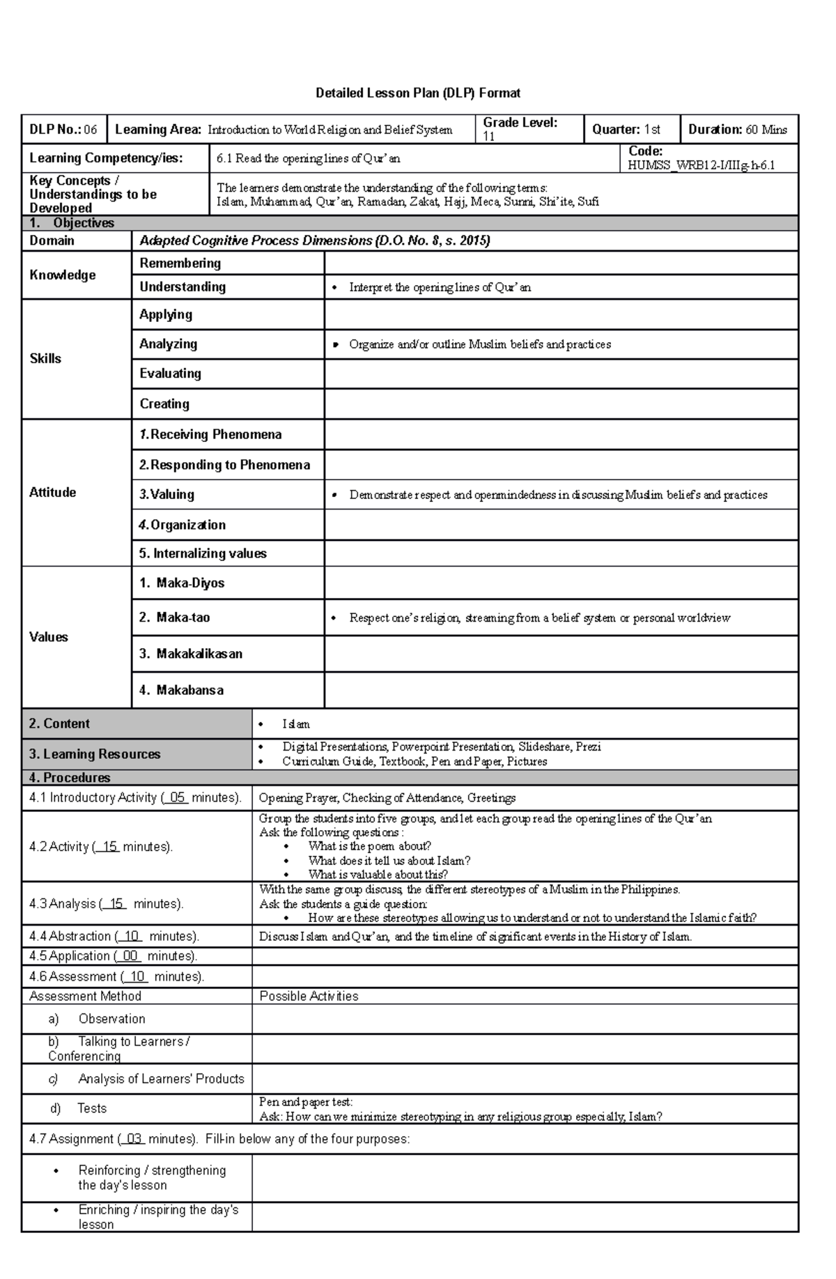 Into to Word Religions - Student guidelines - Detailed Lesson Plan (DLP ...