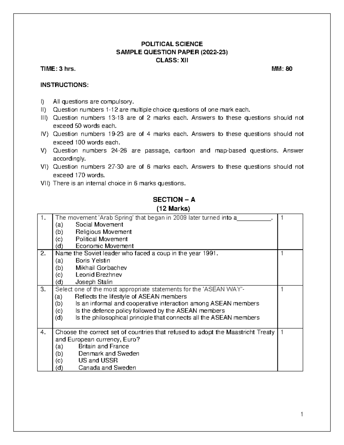 Pol Sci-SQP - POLITICAL SCIENCE SAMPLE QUESTION PAPER (2022-23) CLASS ...