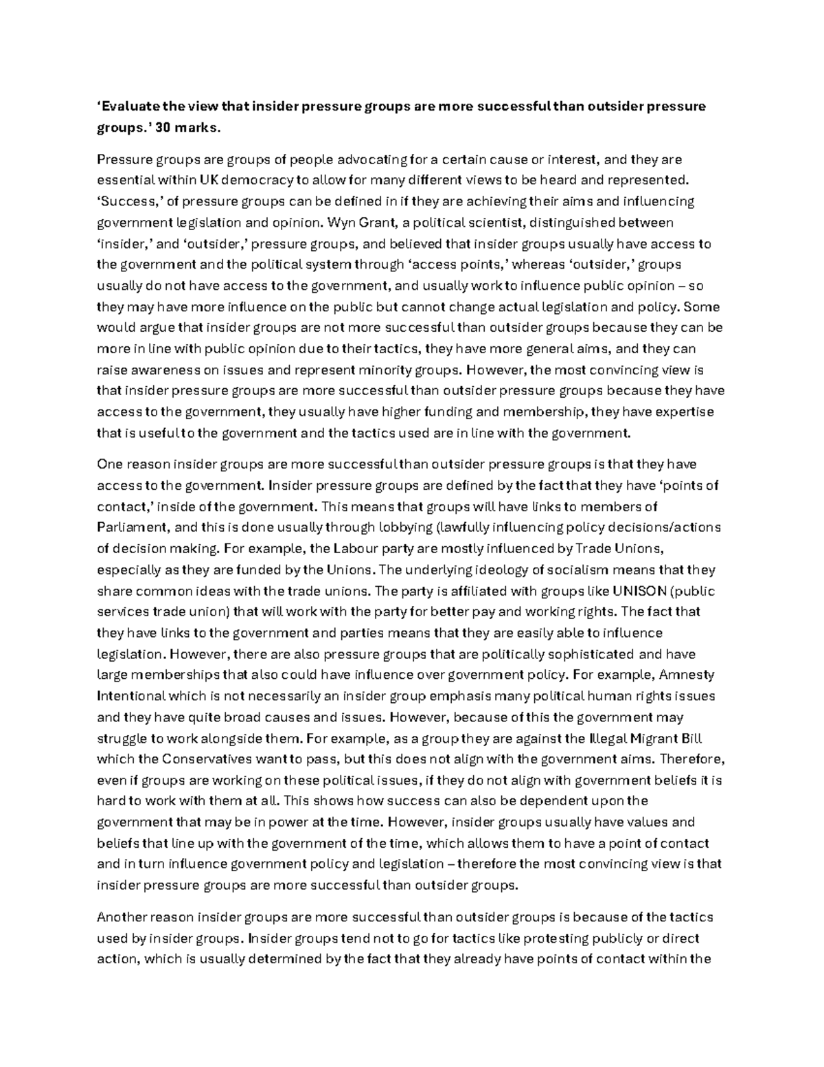 UK Politics - Pressure Group - ‘Evaluate the view that insider pressure