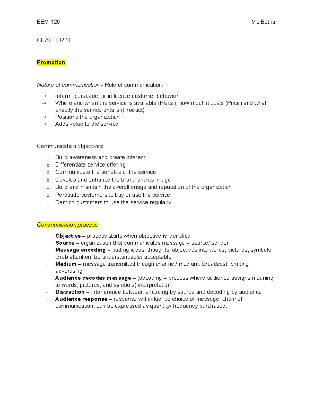 BEM Ch10 notes - CHAPTER 10 Promotion Nature of communication - Role of ...