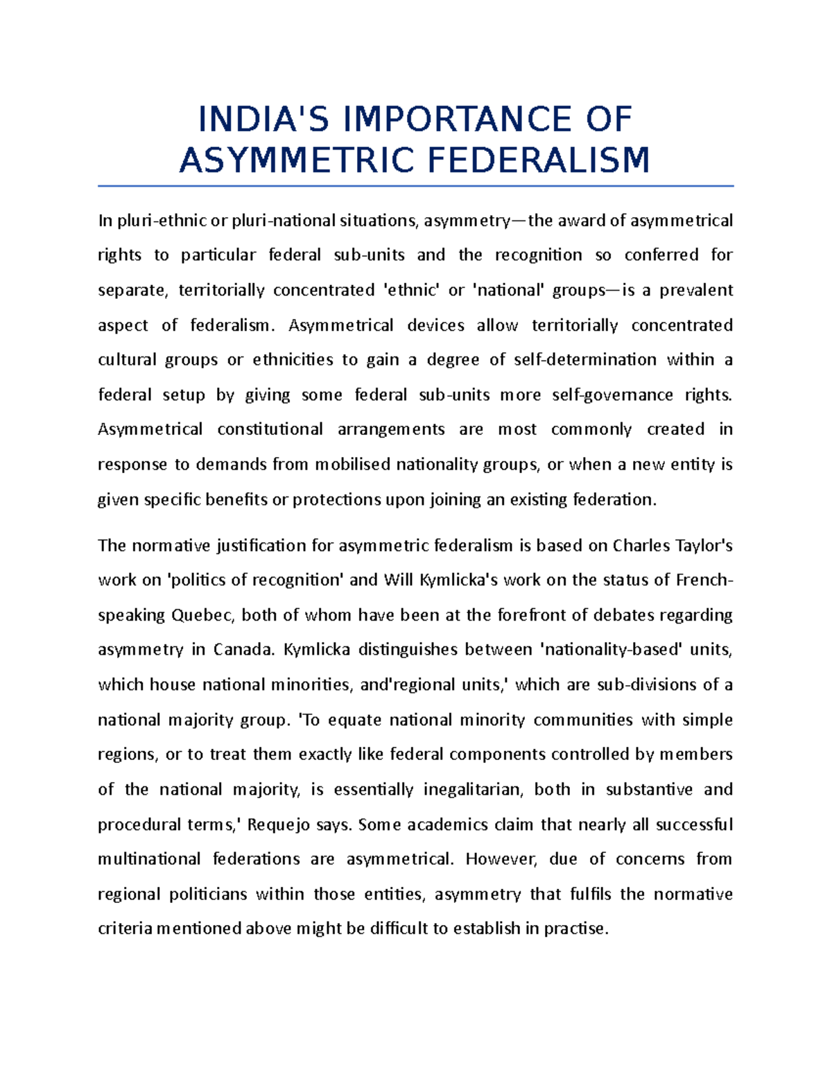 India'S Importance OF Asymmetric Federalism INDIA'S IMPORTANCE OF