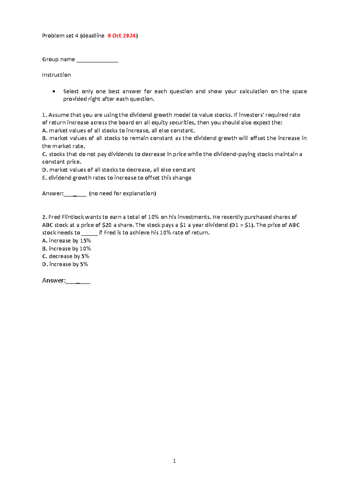 Problem set 4 - answer - Problem set 4 (deadline 9 Oct 202 4 ) Group ...