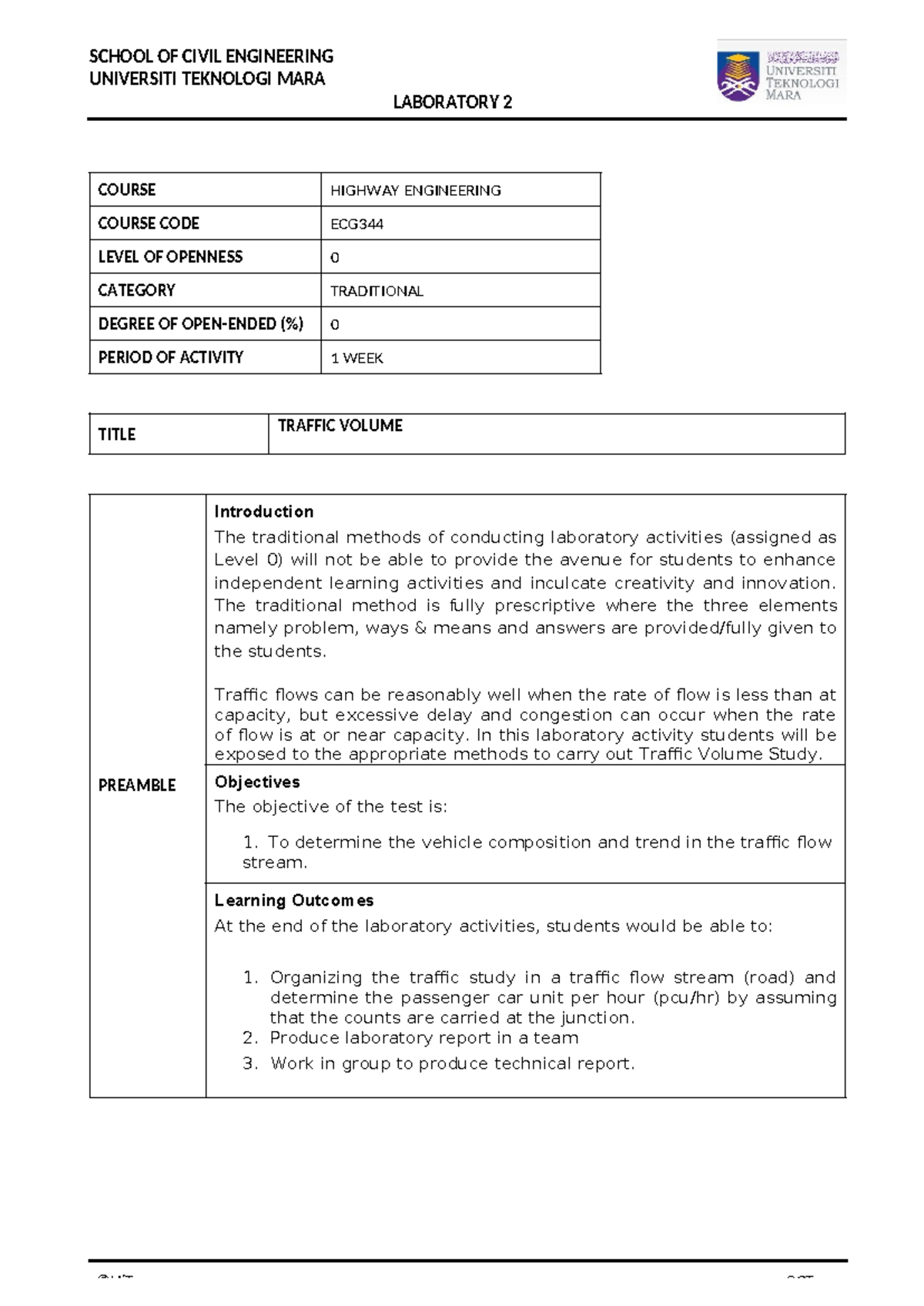 Lab 2 - Traffic Volume Study OEL 0 - UNIVERSITI TEKNOLOGI MARA ...
