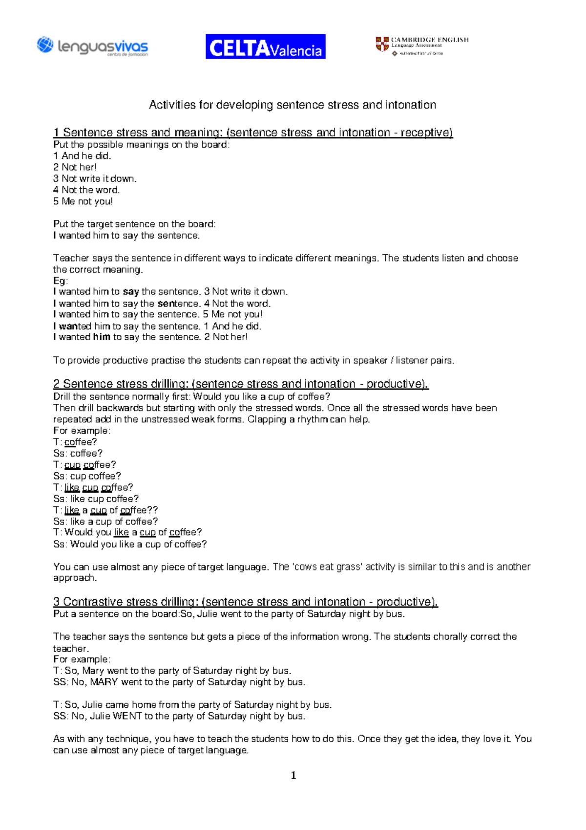 Handout - minor subject notes - 1 Activities for developing sentence ...