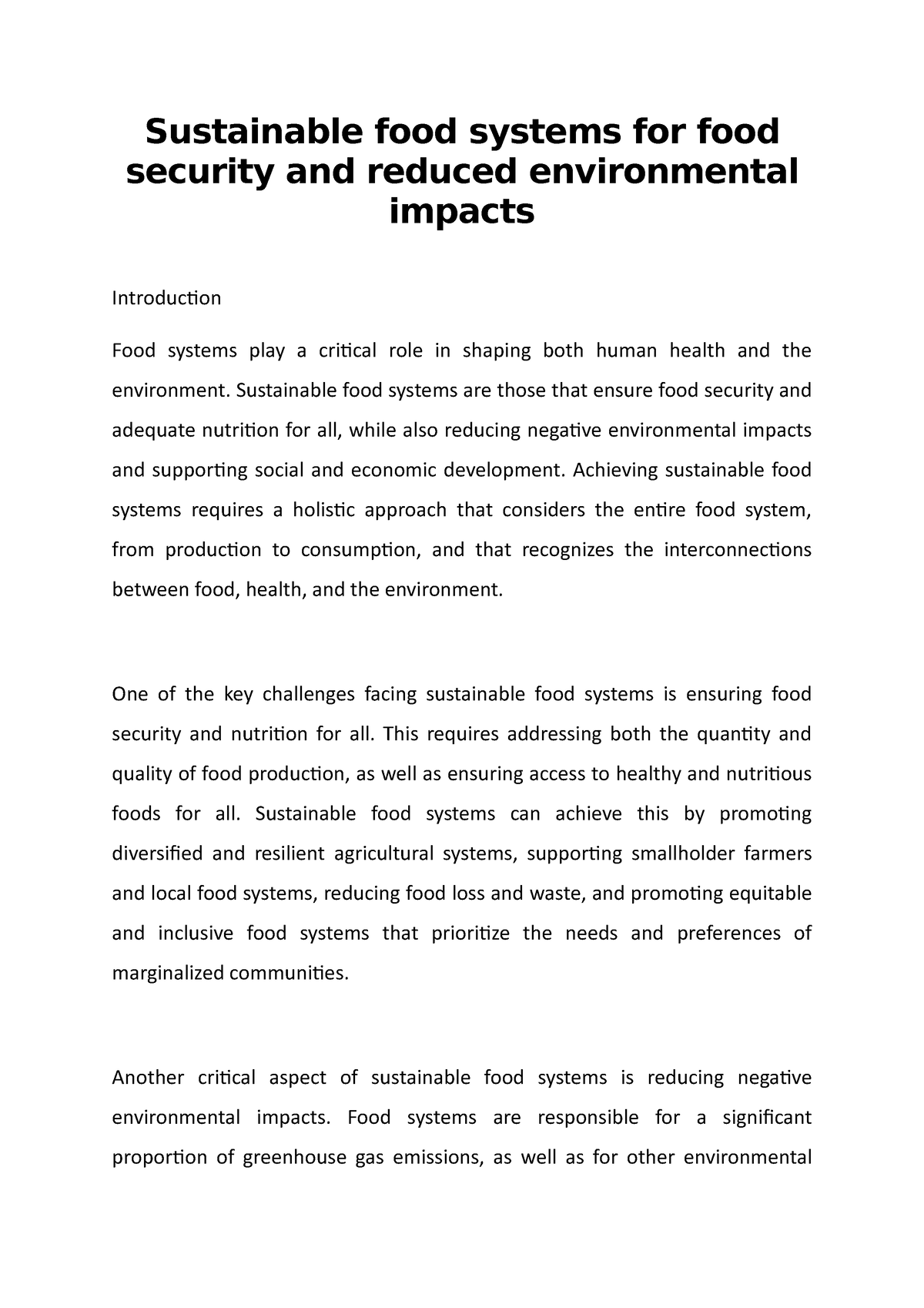 essay about sustainable food