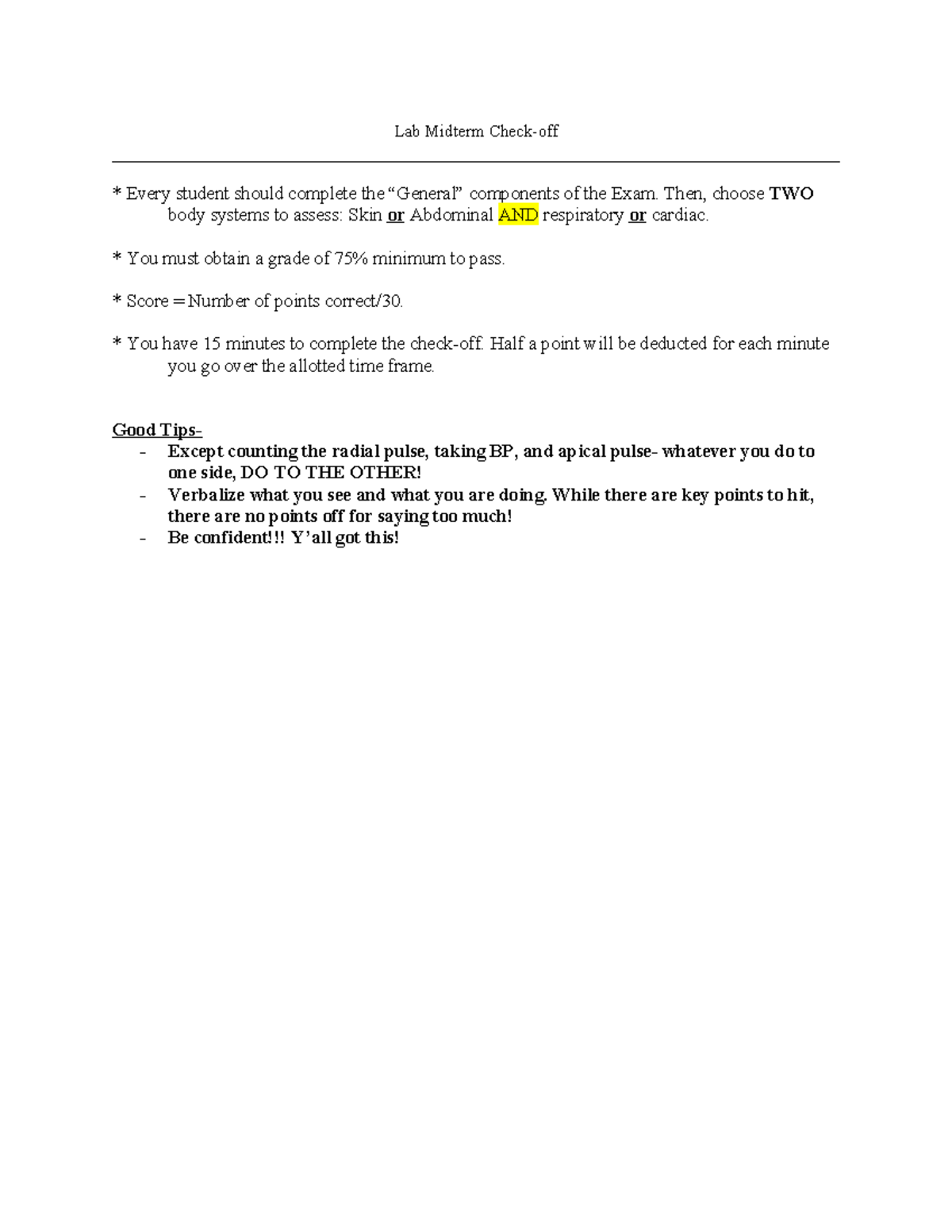 Midterm Check-off Study Guide - Lab Midterm Check-off * Every student ...