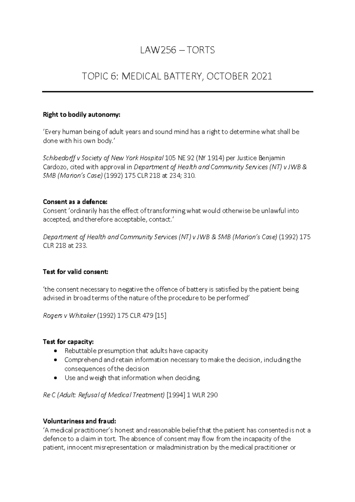 Battery Handout - LAW256 – TORTS TOPIC 6: MEDICAL BATTERY, OCTOBER 2021 ...