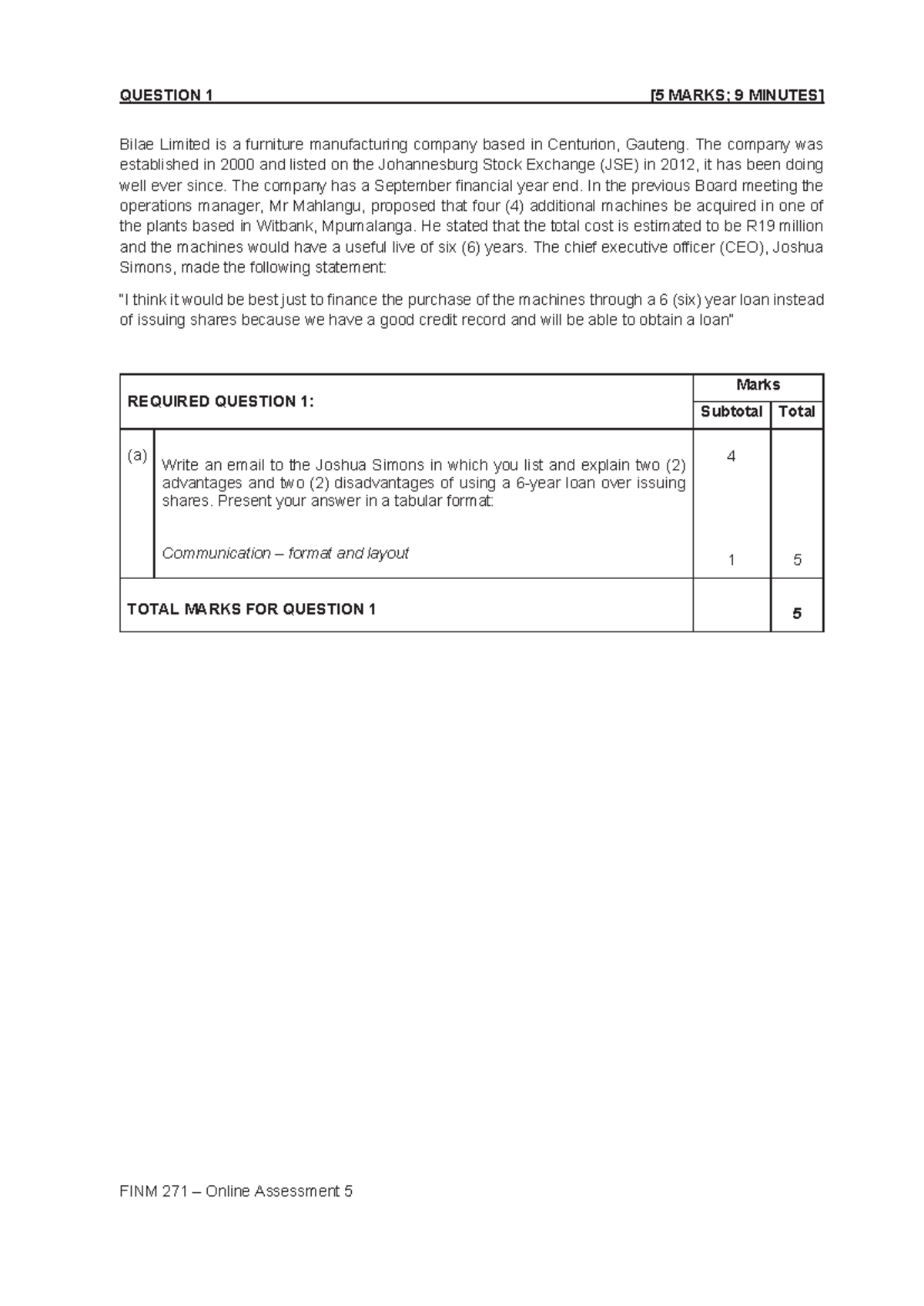 FINM 271 Test 5 ENG 1 - FINM 271 – Online Assessment 5 QUESTION 1 [5 ...