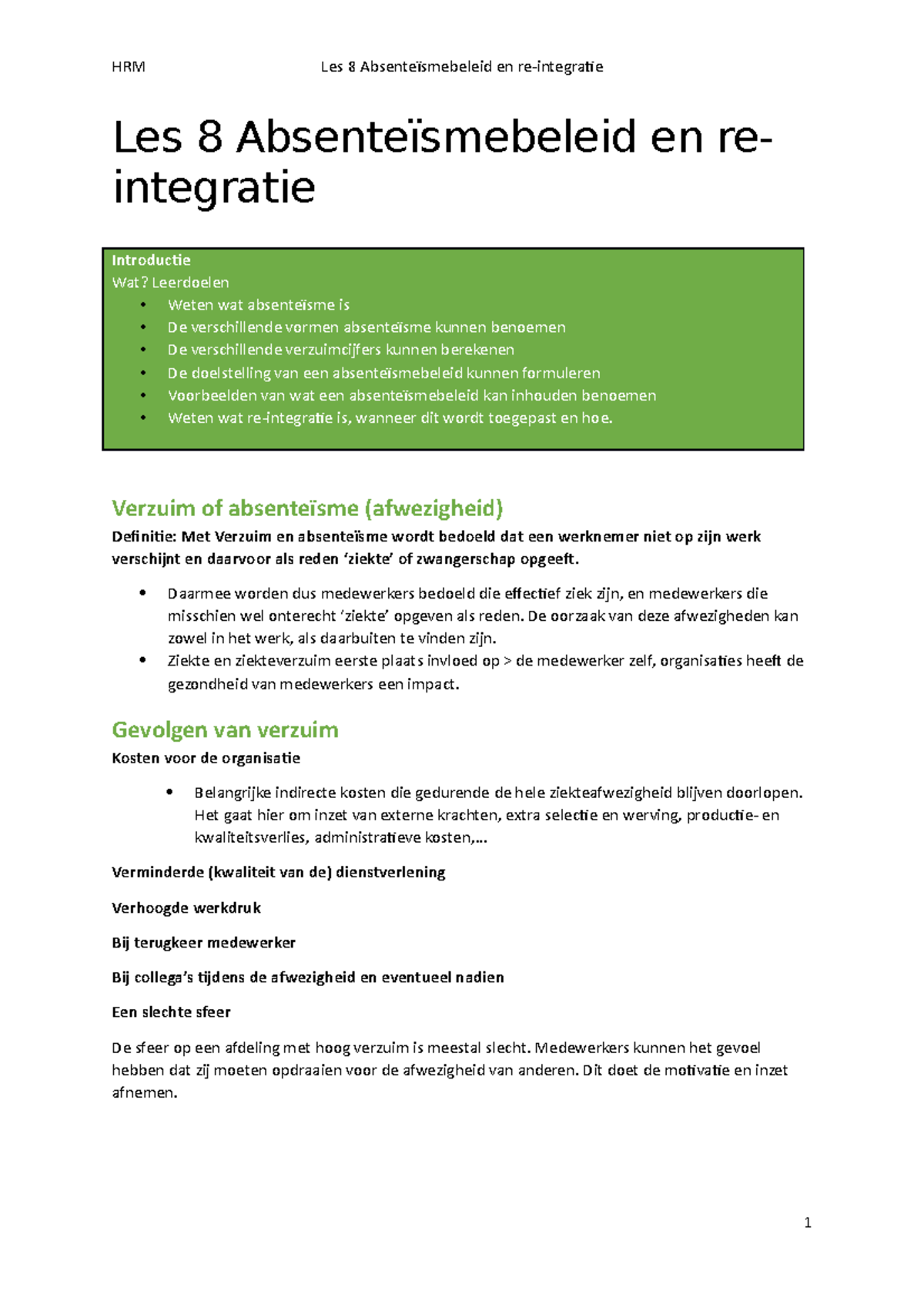 Les 8 Absenteïsmebeleid - Verzuim of absenteïsme (afwezigheid ...