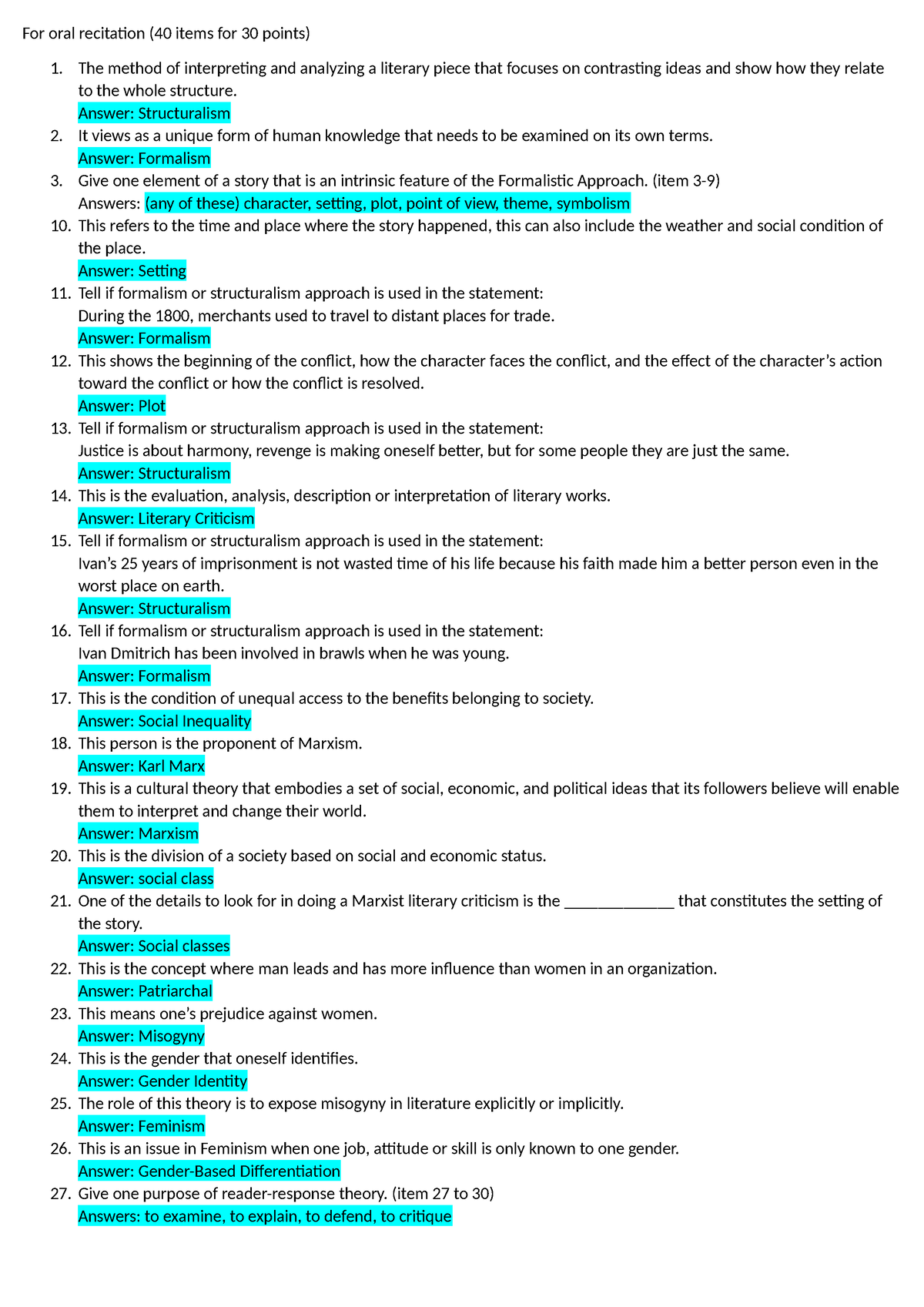 For oral recitation - lesson plan - For oral recitation (40 items for ...