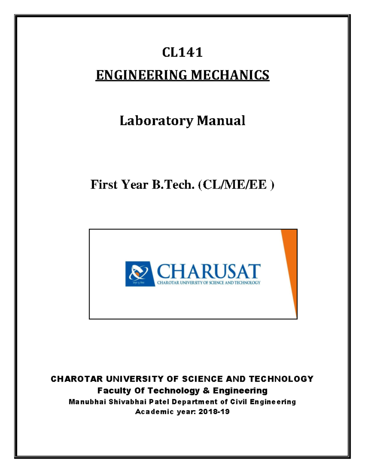 CL141 EM Lab manual 2018-19 - CL ENGINEERING MECHANICS Laboratory ...