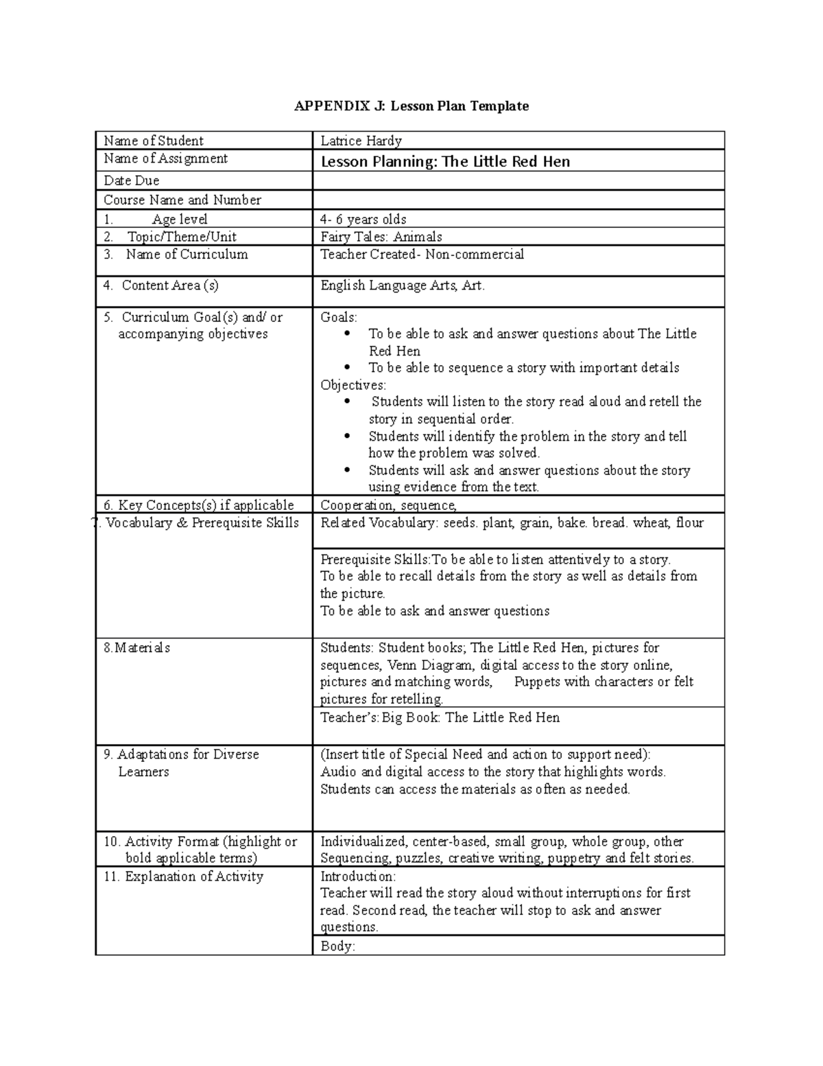 Appendix J Lesson PLan for pre k - APPENDIX J: Lesson Plan Template ...