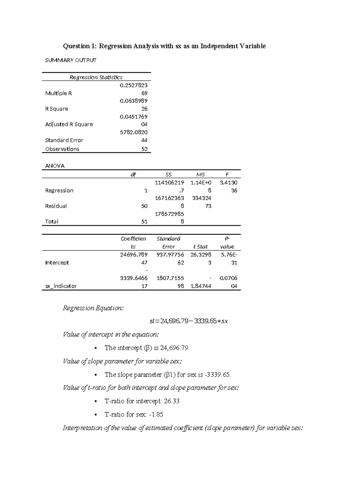 Regression analysis for the course in bachelor level (year 2024-25 ...