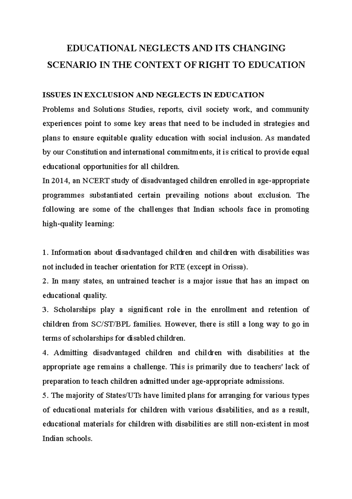 Educational neglects and its changing scenario in the context of Right ...