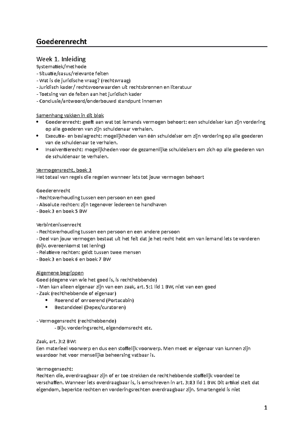 Samenvatting Goederenrecht - Goederenrecht Week 1. Inleiding ...