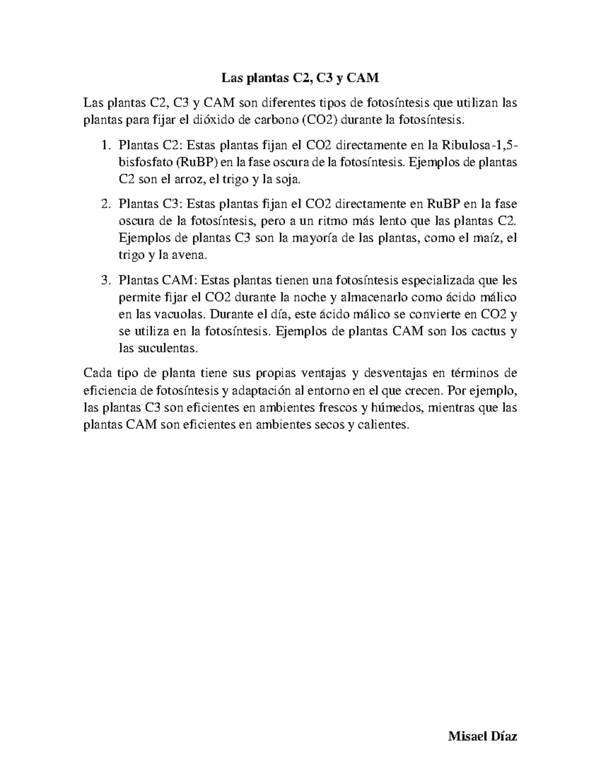 Las plantas C2, C3 Y CAM - Resumen de clases - Misael Díaz Las plantas ...