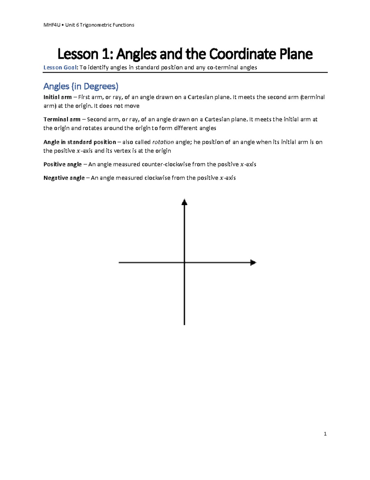 6 1 Angles Coordinate Plane Mhf4u • Unit 6 Trigonometric Functions 1 Lesson 1 Angles And The