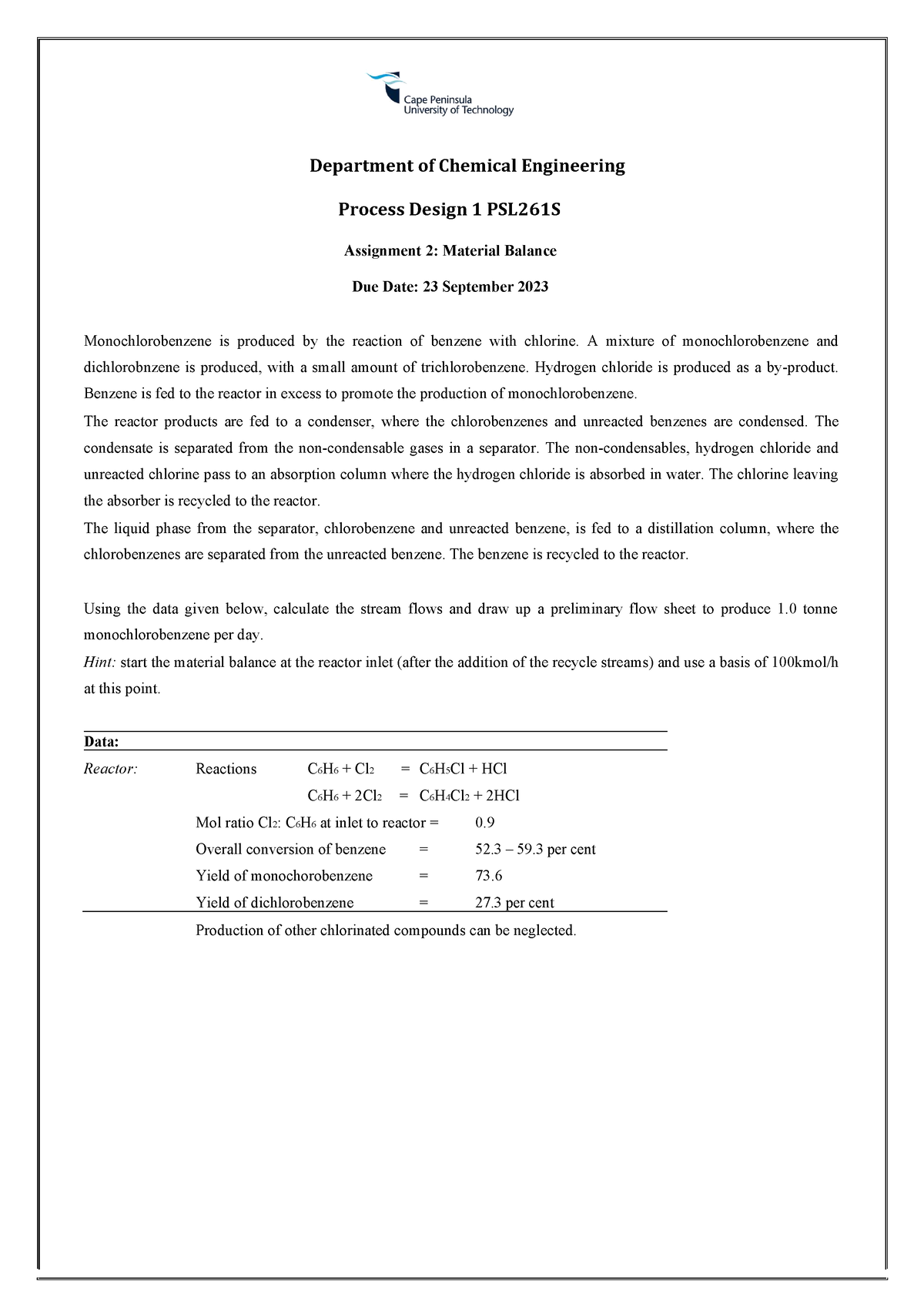 chemical engineering room assignment 2023