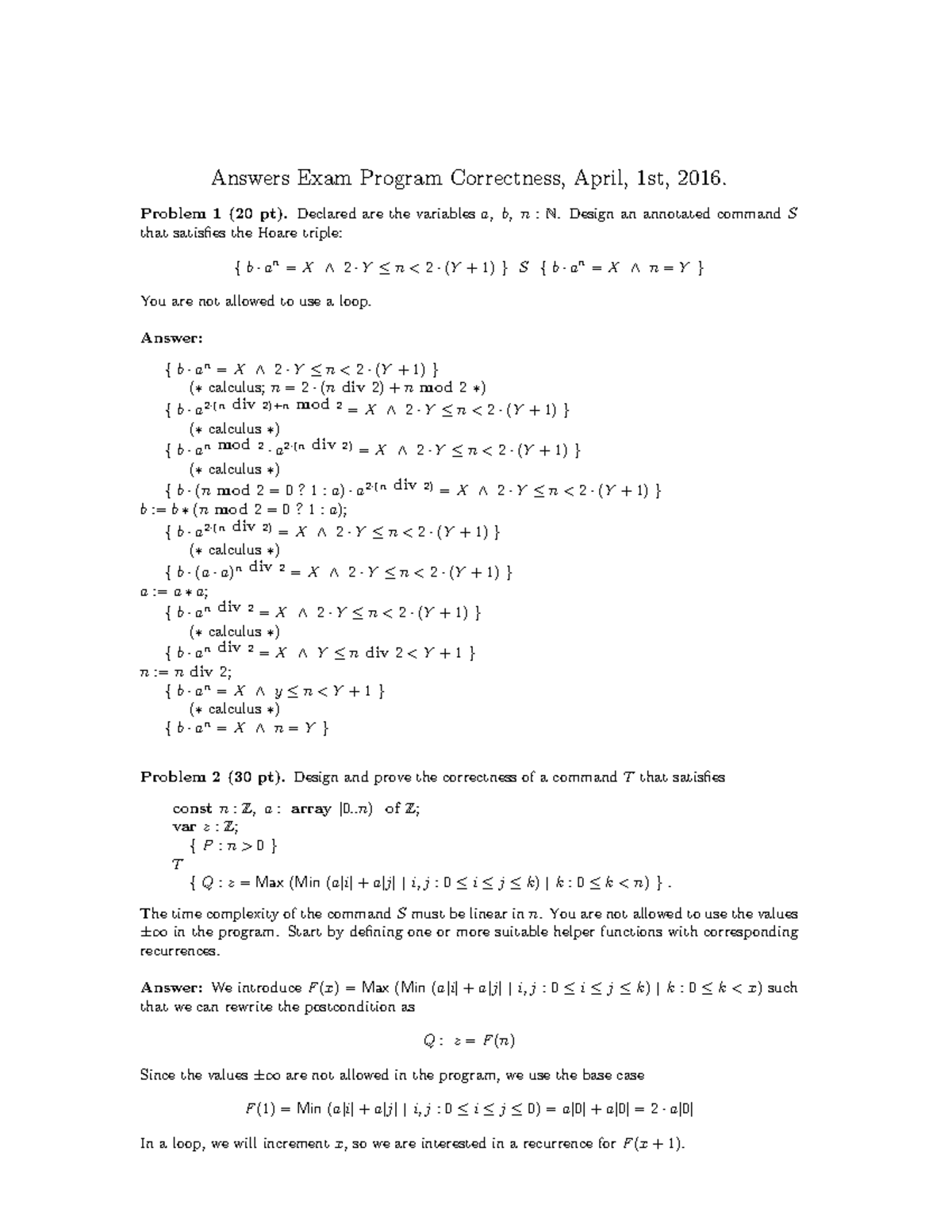 Exam 1 April 16 Answers Answers Exam Program Correctness April 1st Problem Pt Declared Are The Variables Design An Annotated Command That Satisfies The Studeersnel