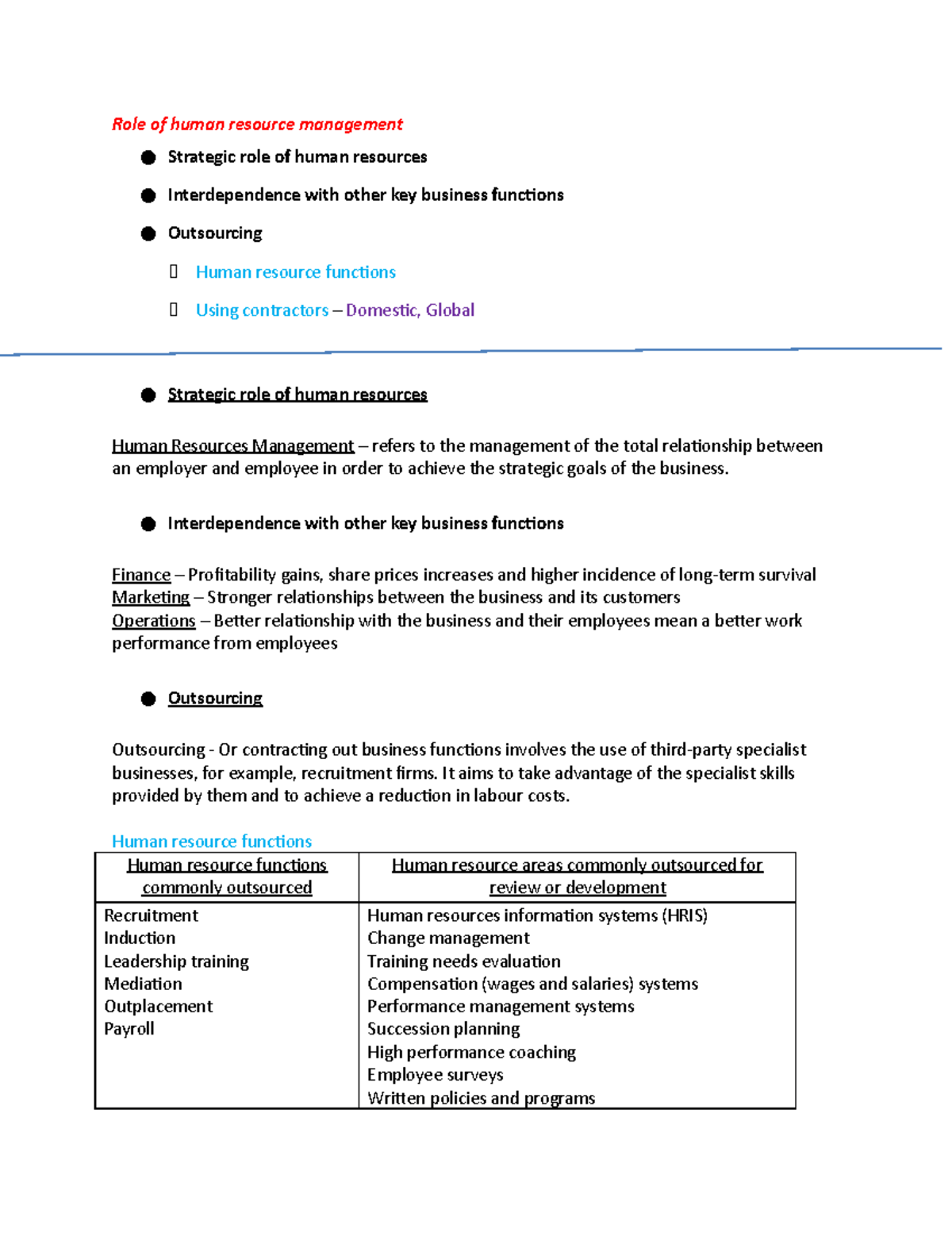 Copy of HR Notes - Role of human resource management Strategic role of ...