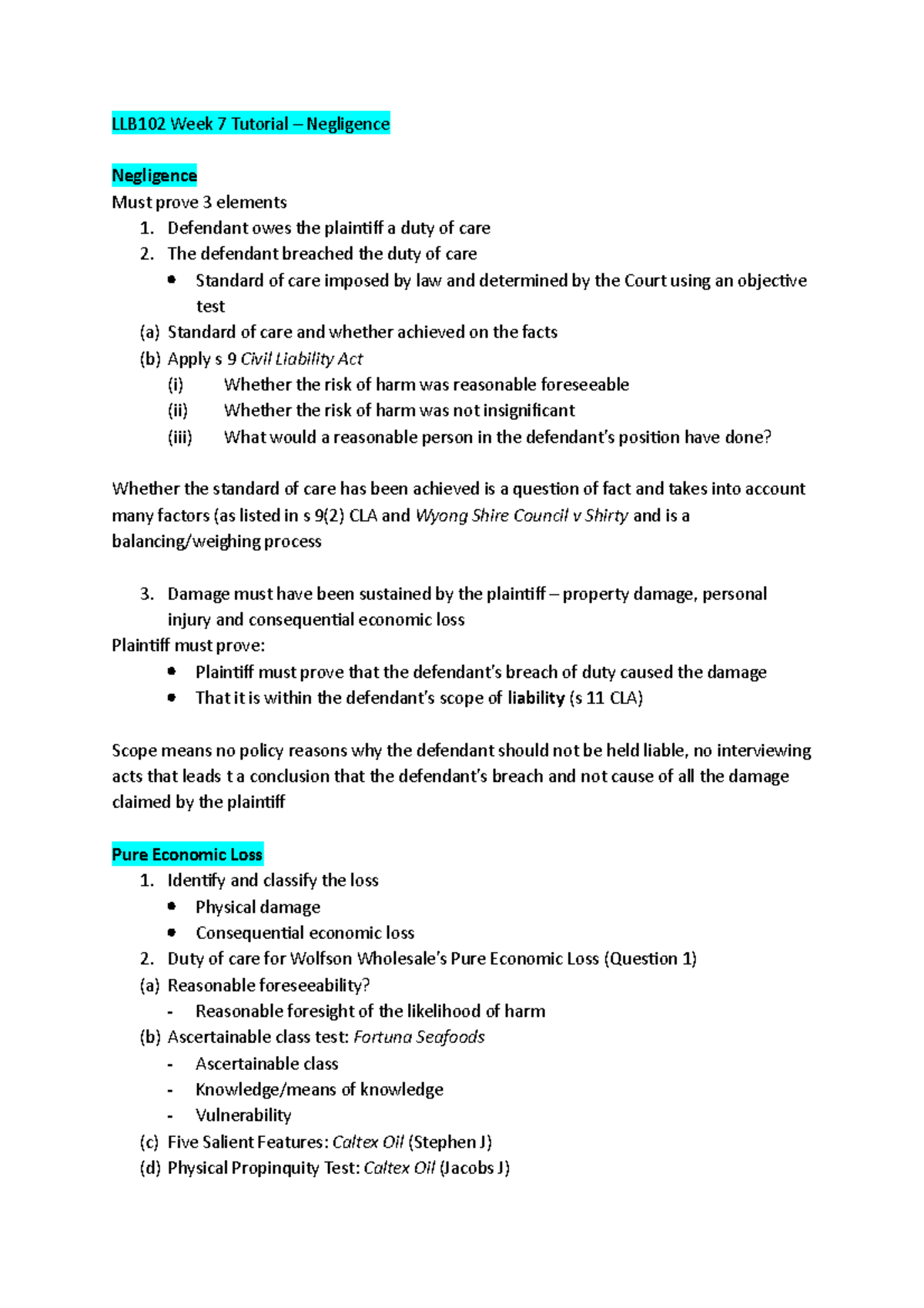 LLB102 W7 Tutorial - tute notes - LLB102 Week 7 Tutorial – Negligence ...