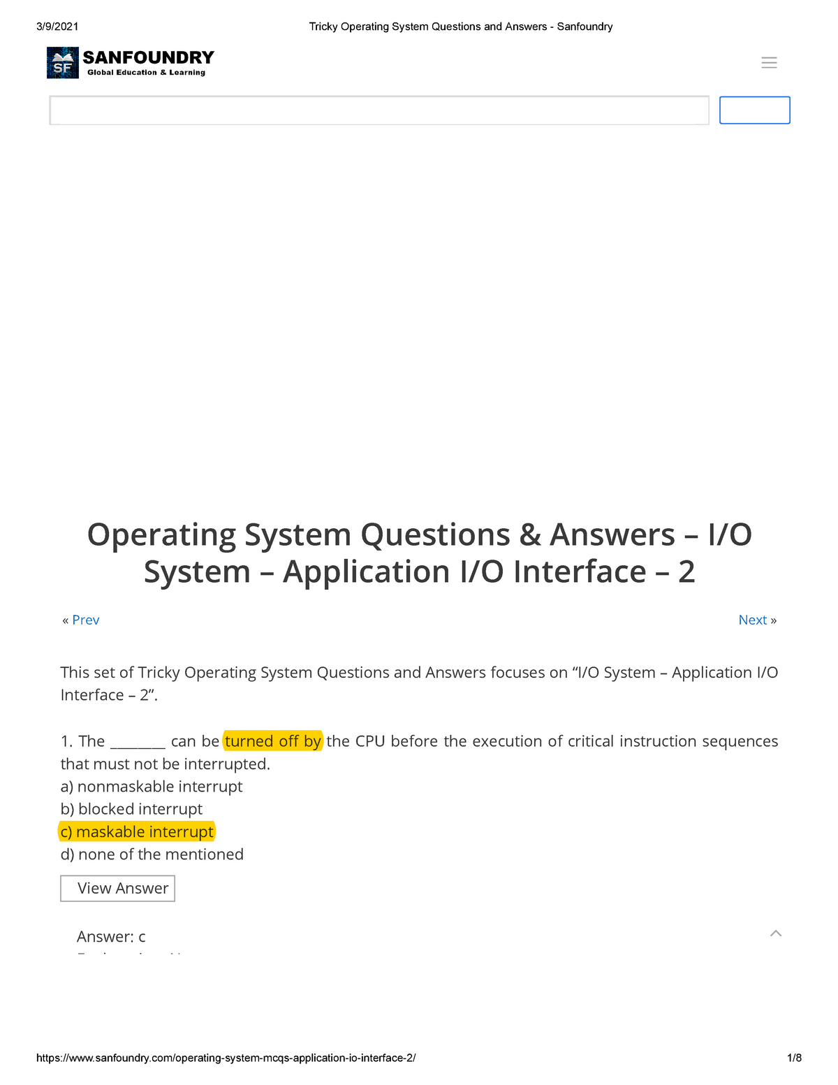 Tricky Operating System Questions And Answers - Sanfoundry - « Prev ...