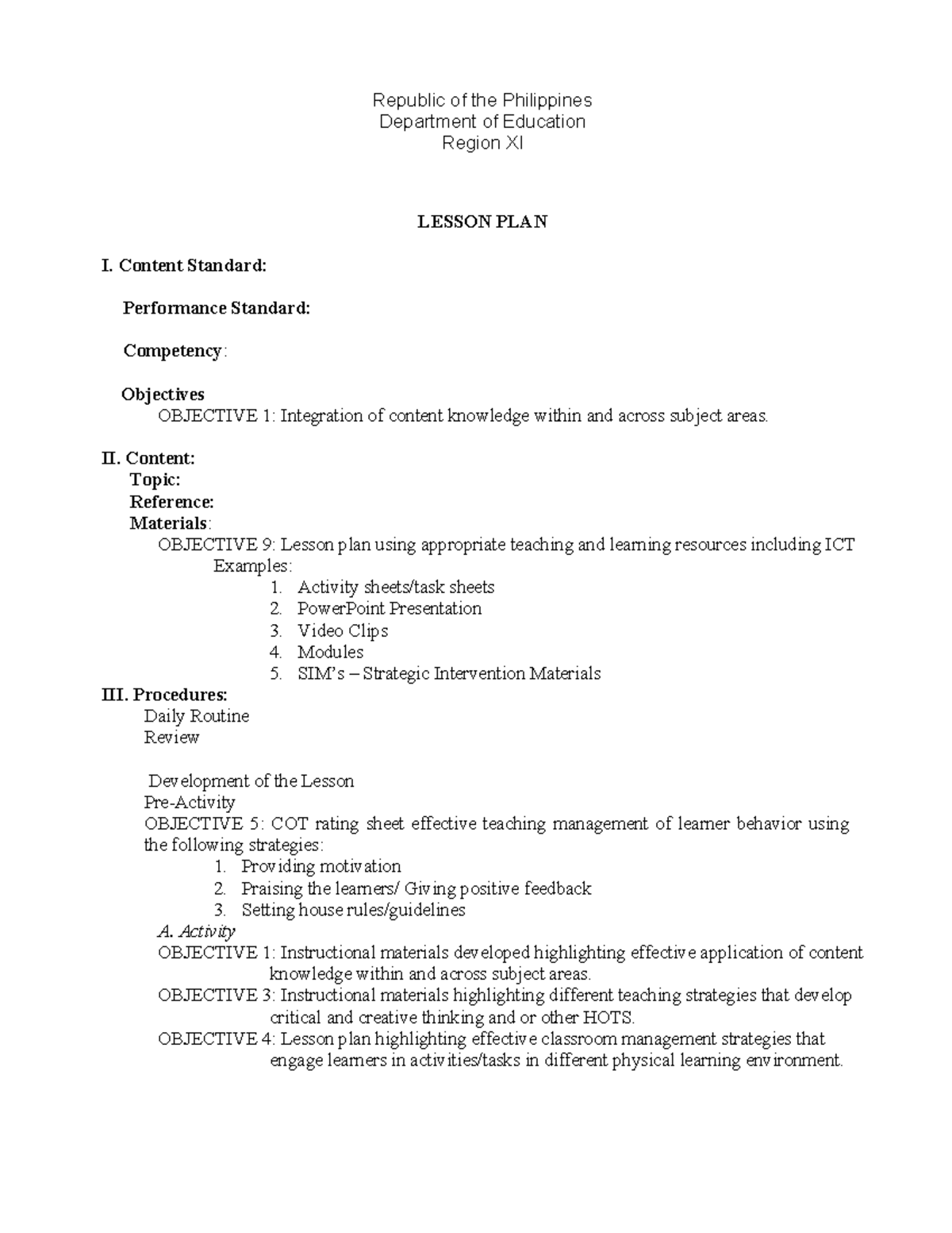 Lesson plan with ipcrf objectives - Republic of the Philippines ...