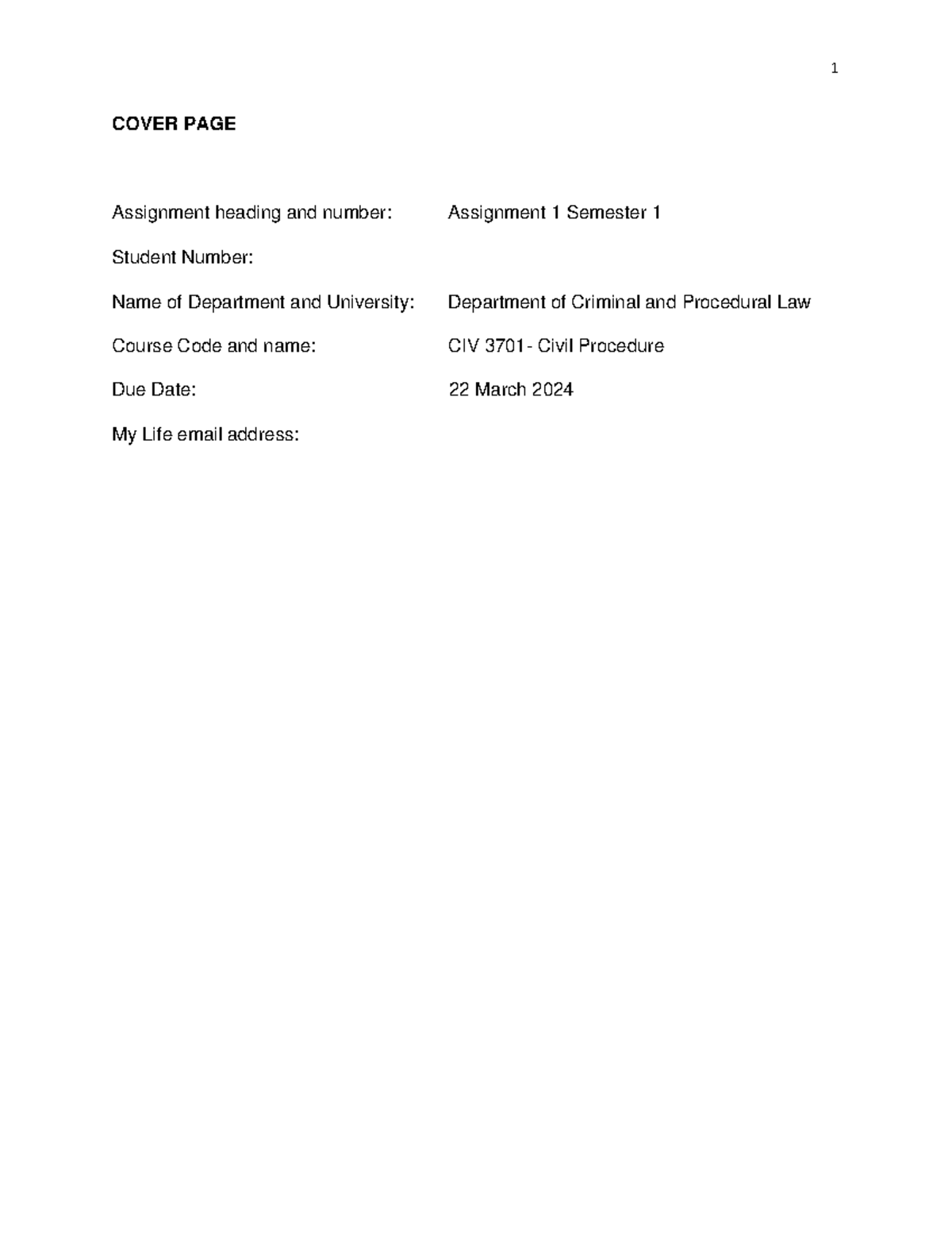 Assessment 1- CIV 3701 1 - COVER PAGE Assignment heading and number ...