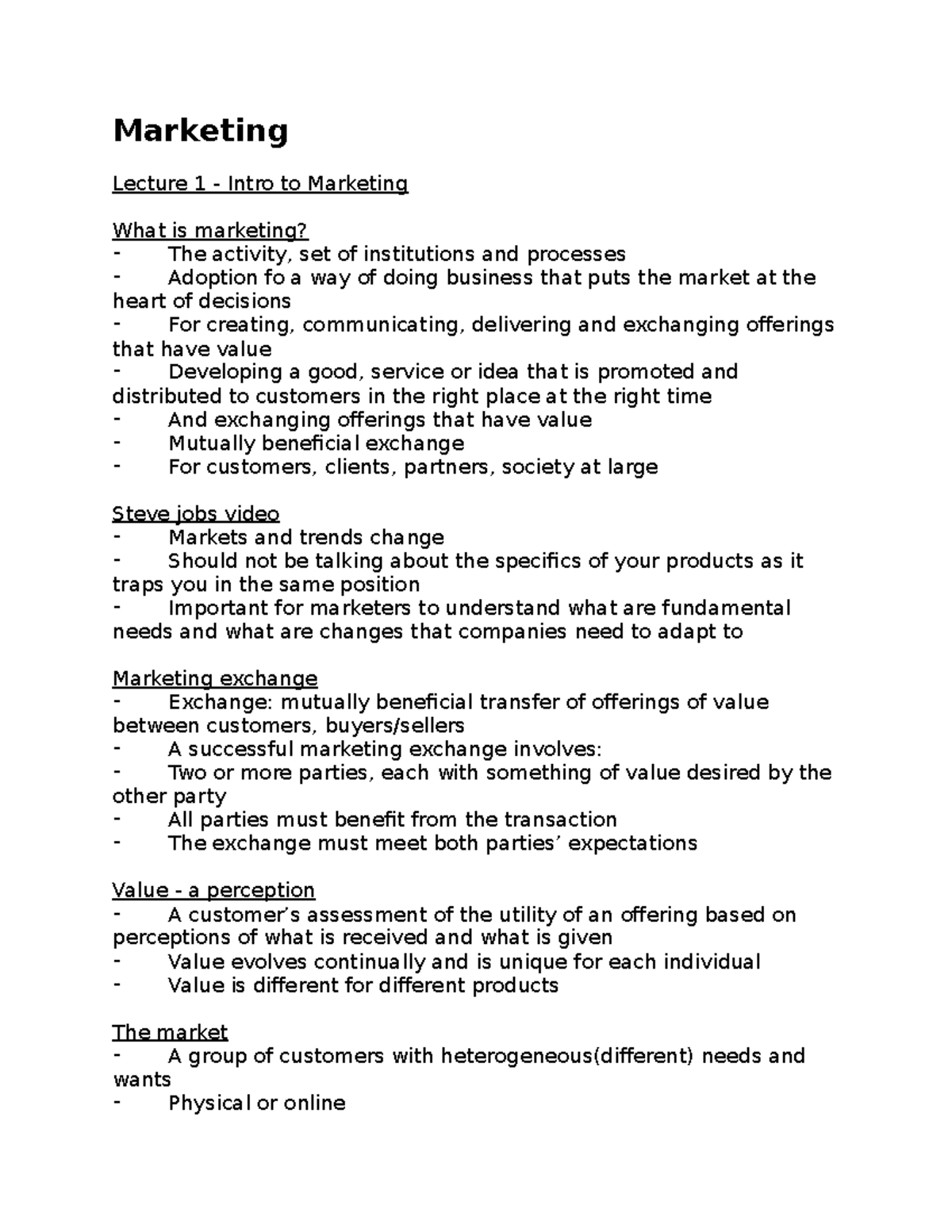 Marketing Lecture notes 1-5 - Marketing Lecture 1 - Intro to Marketing ...