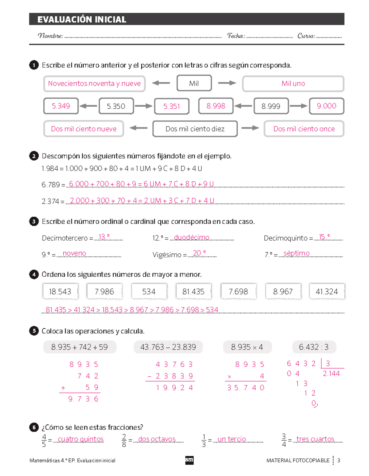 Docsity evaluaciones matematicas 4 primaria savia - Evaluación inicial ...