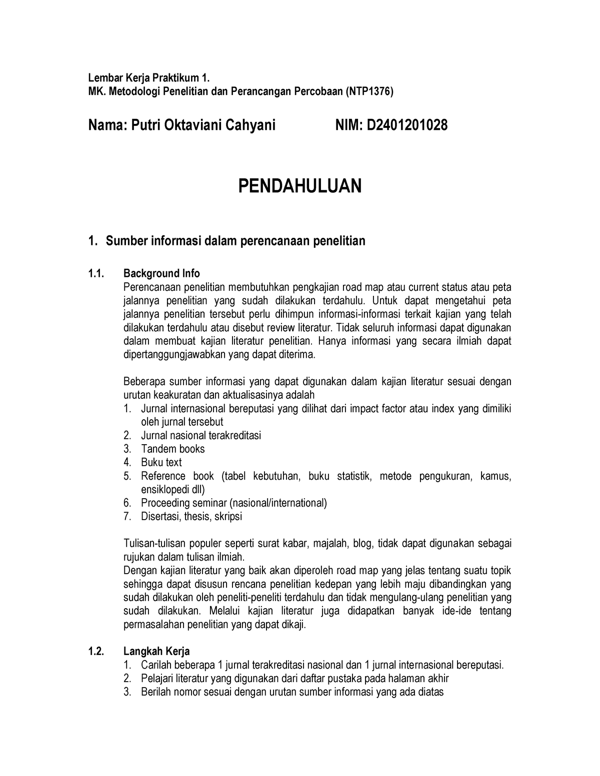 Rancangan Percobaan Lkp 1 - Lembar Kerja Praktikum 1. MK. Metodologi ...