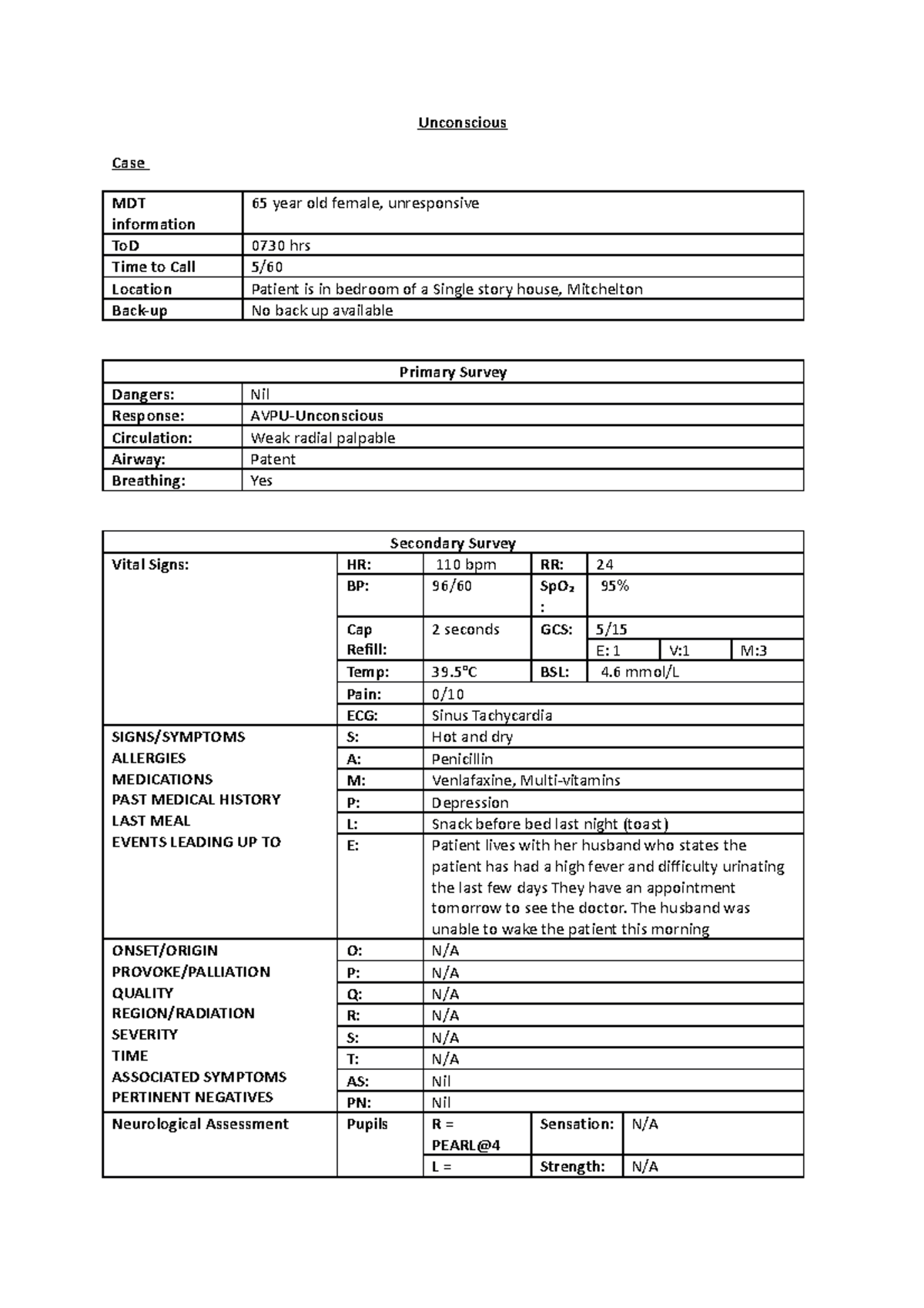 Airway - tutorial notes - Unconscious Case MDT information 65 year old ...