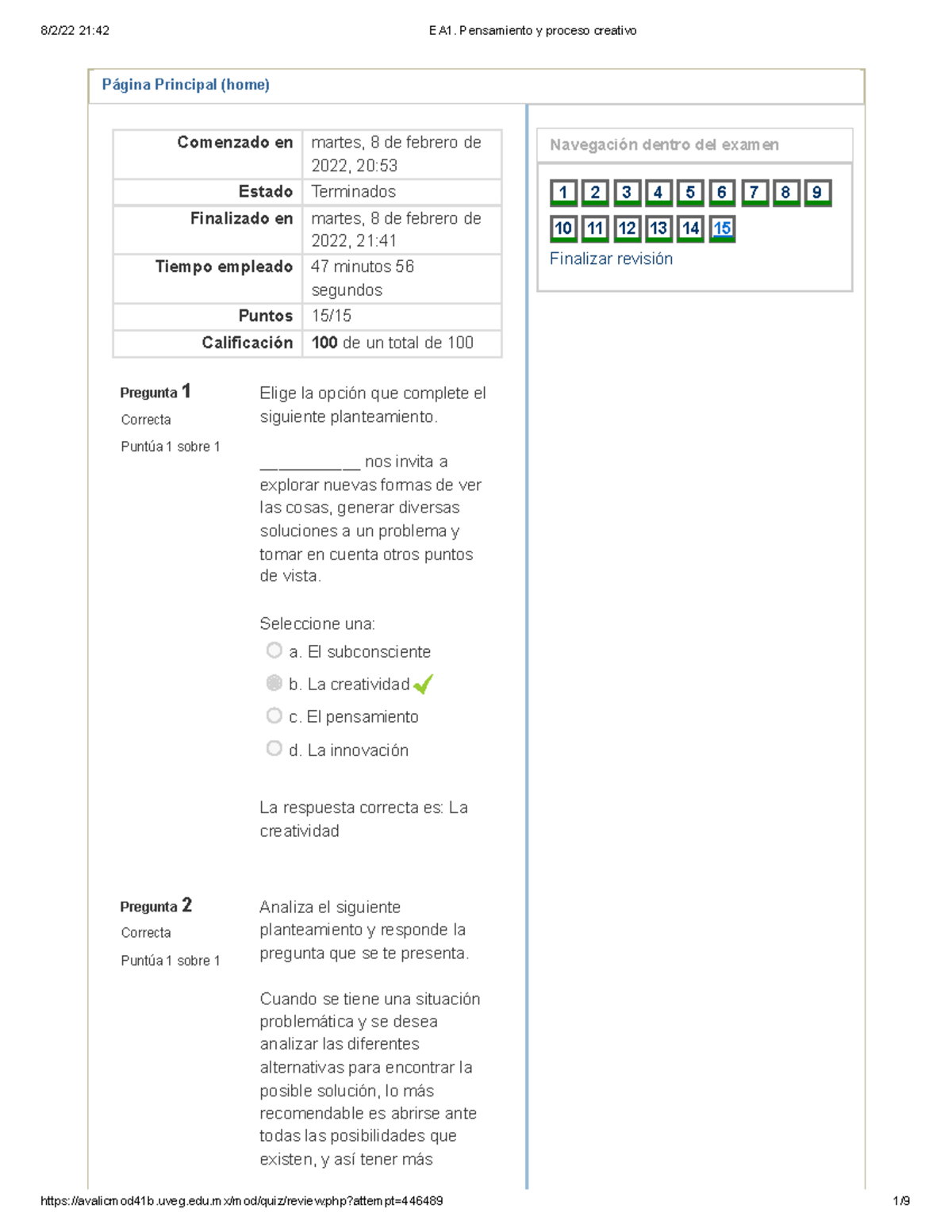 EA1. Pensamiento Y Proceso Creativo Cuestionario - Página Principal ...