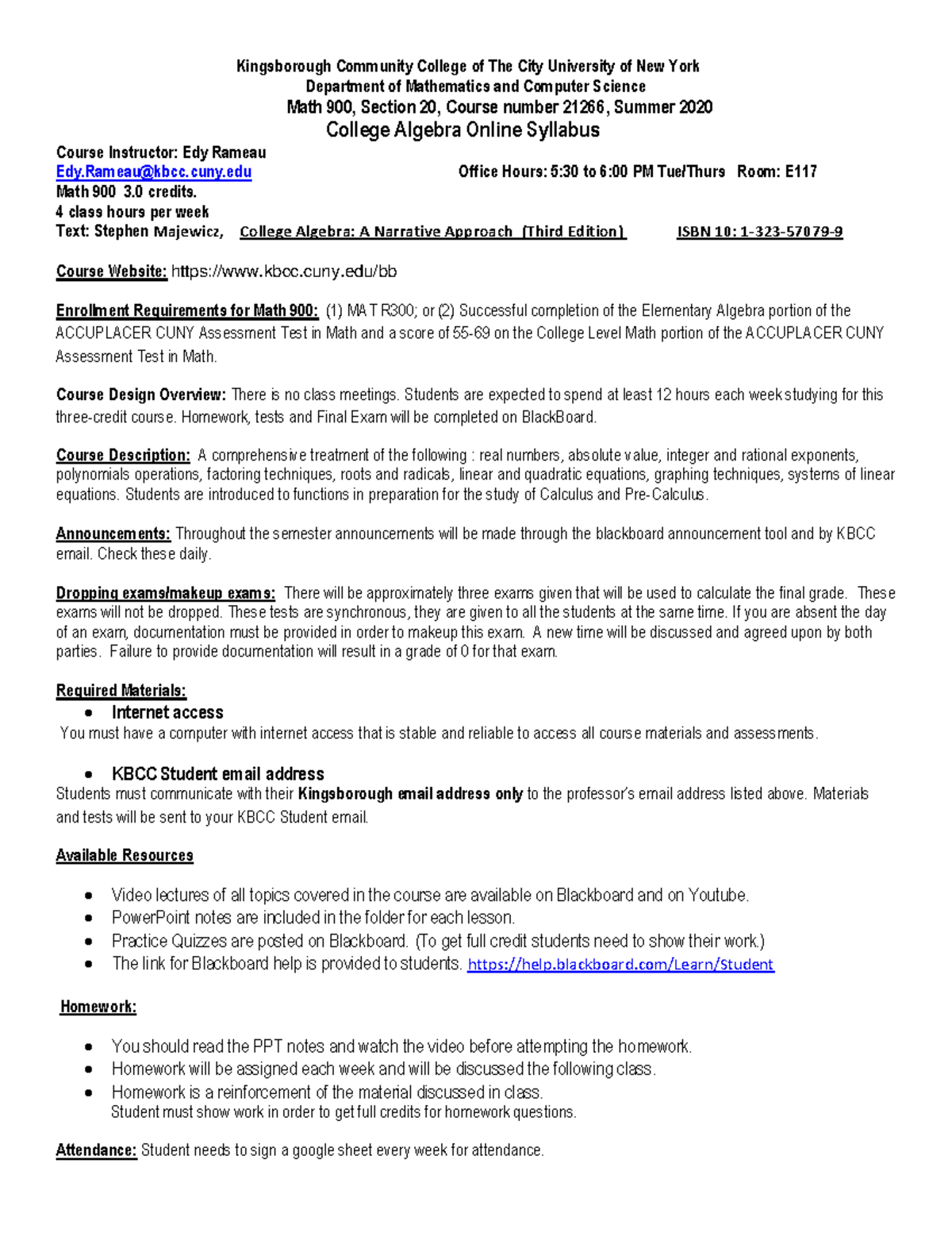 Math 9 curriculum Spring 2020 Kingsborough Community College of The