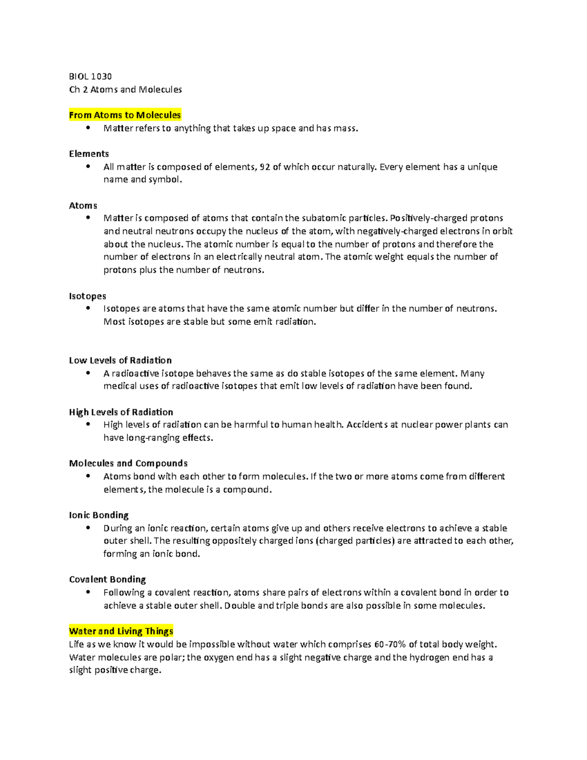 BIOL 1030 Chapter 2- Lecture notes 2 - BIOL 1030 Ch 2 Atoms and ...