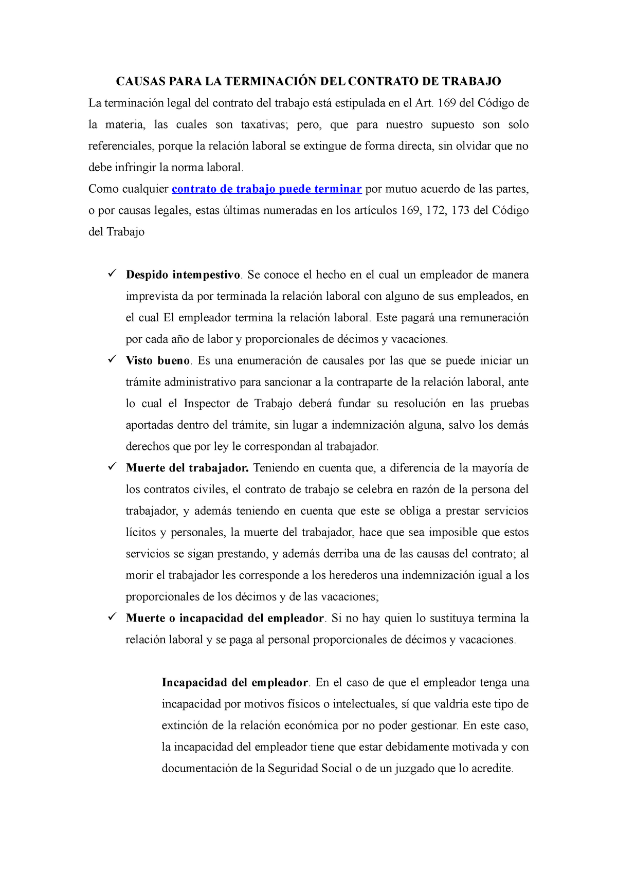 Causas Para La Terminación Del Contrato De Trabajo - CAUSAS PARA LA ...