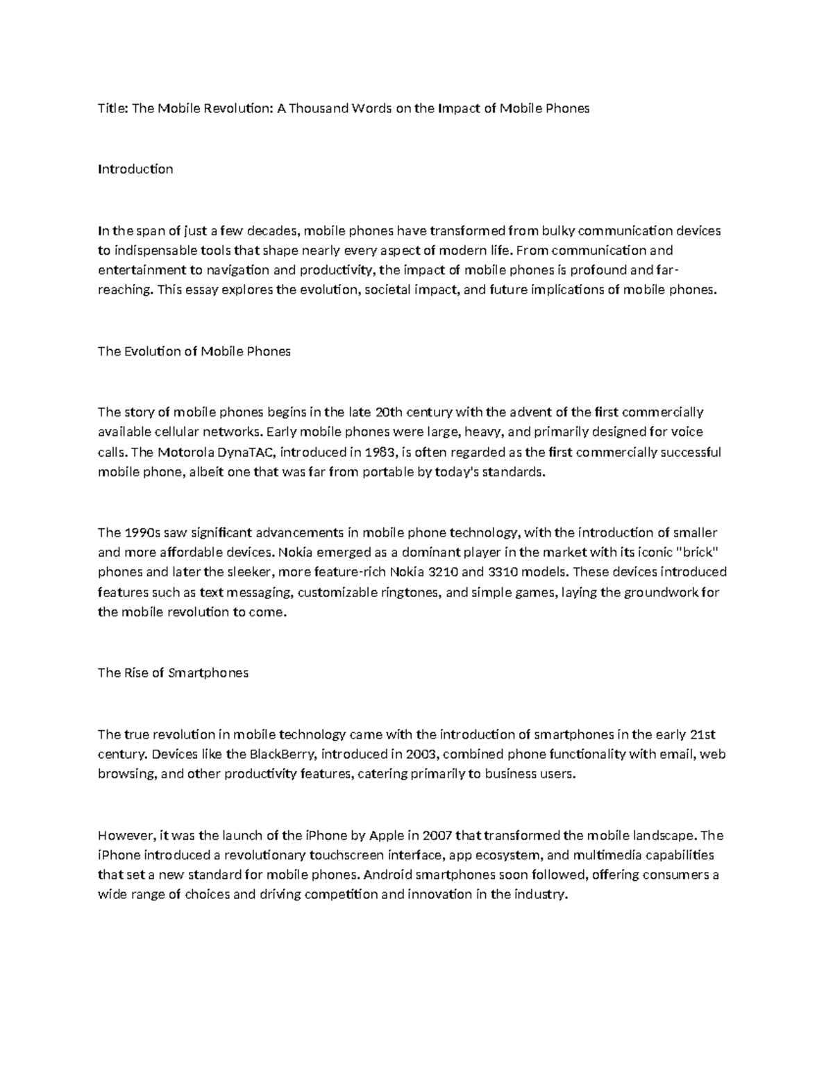 Mobile device - Notes and assignment from teacher - Title: The Mobile ...