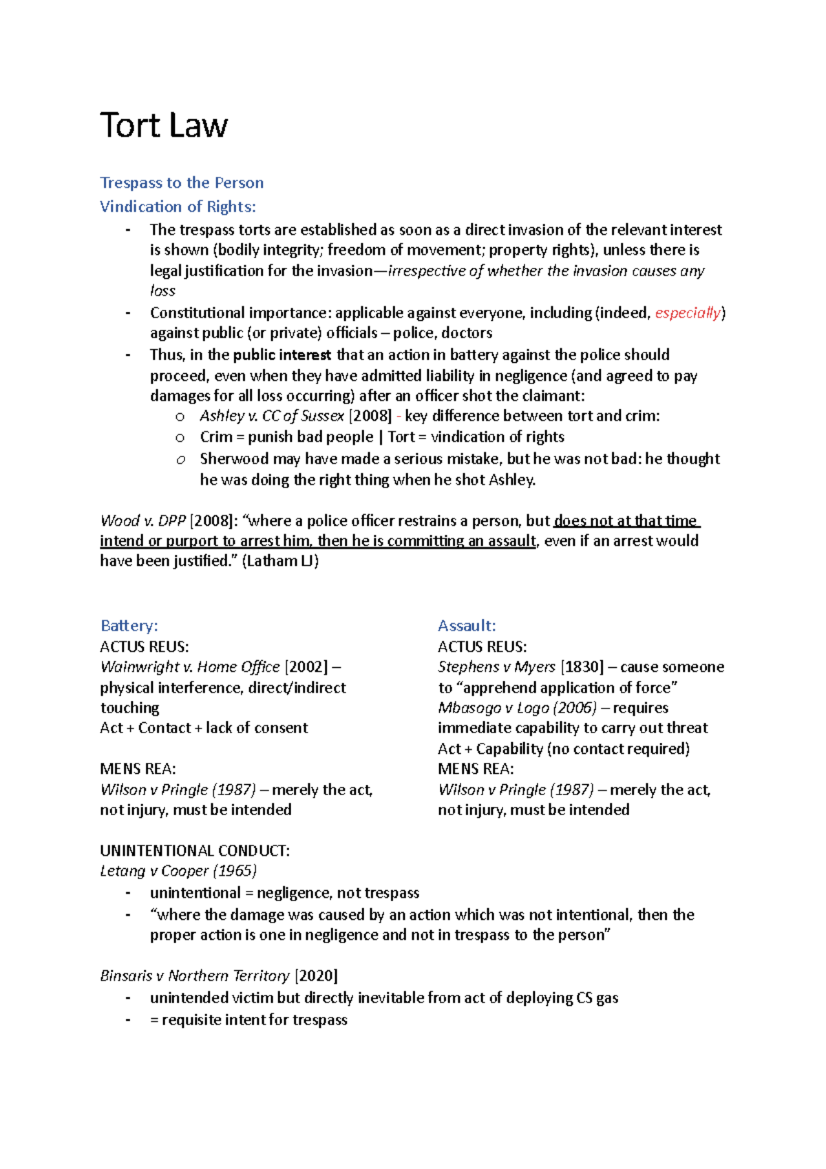Tort Law Revision - 1st term - Tort Law Trespass to the Person ...