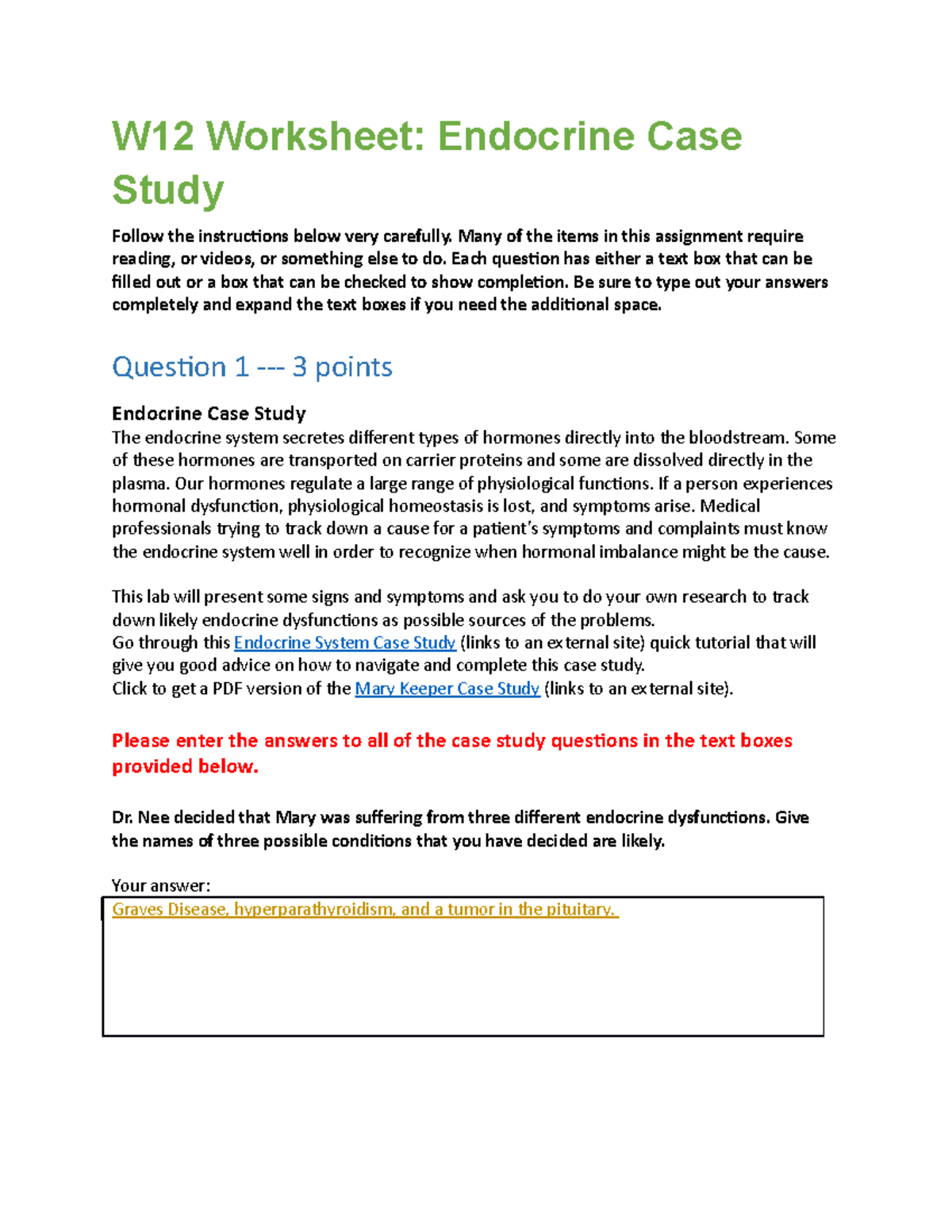 Bio265l document W12 Worksheet Endocrine Case Study W12 Worksheet