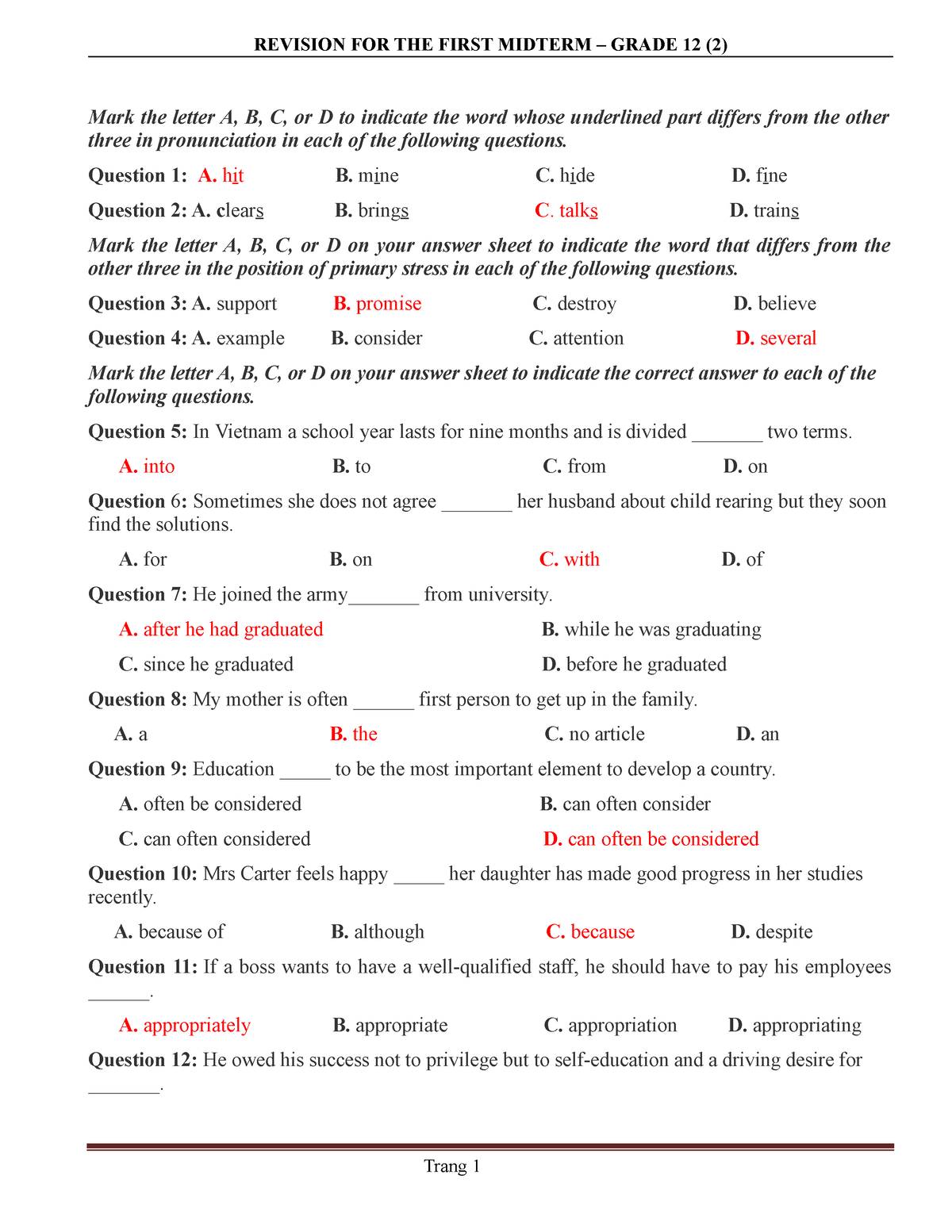 Revision 2 - Midterm 1 - ôn Thi Giữa Kì Lớp 12 - Mark The Letter A, B ...