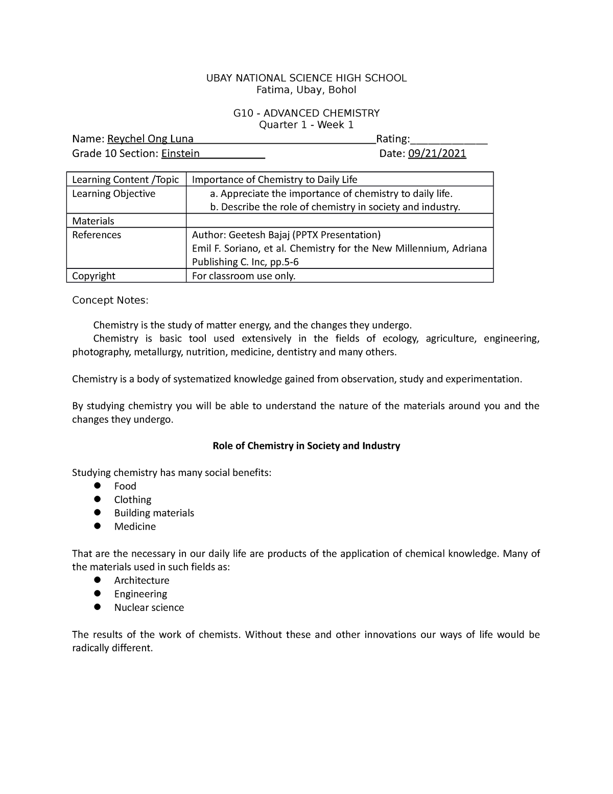 Advance-Chemistry-W1 - UBAY NATIONAL SCIENCE HIGH SCHOOL Fatima, Ubay ...