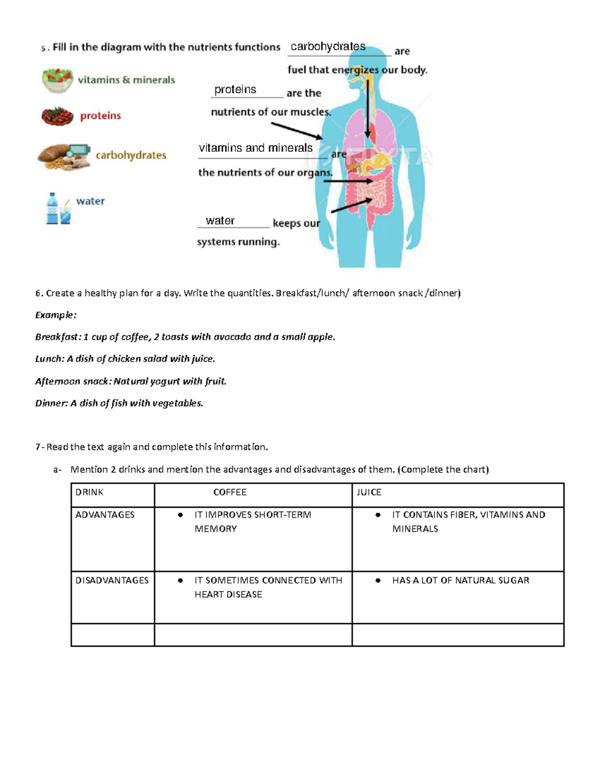 Exercises 5-6-7 nutrition - Create a healthy plan for a day. Write the ...