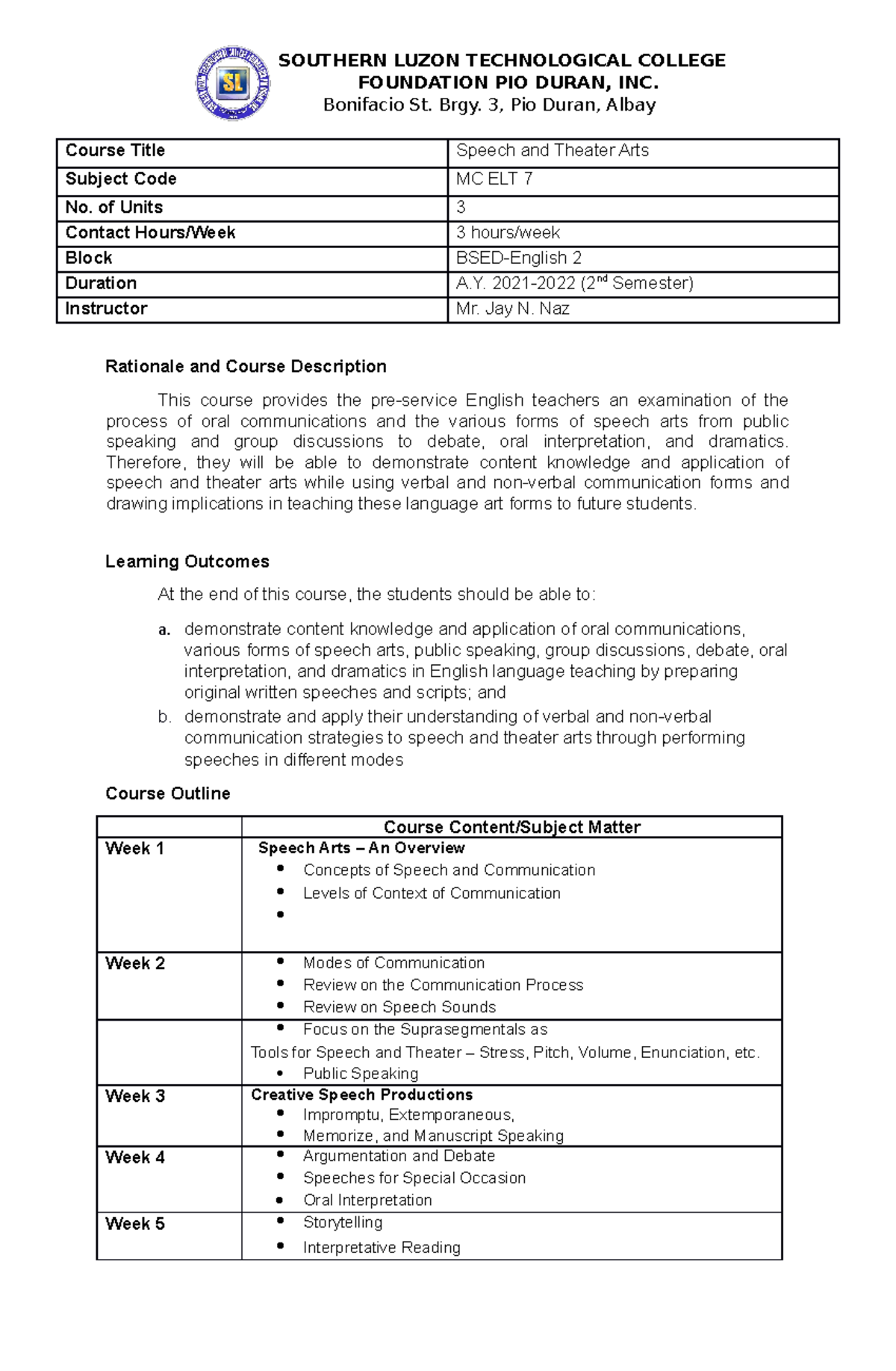Speech and Theater Arts Course Title Speech and Theater Arts Subject