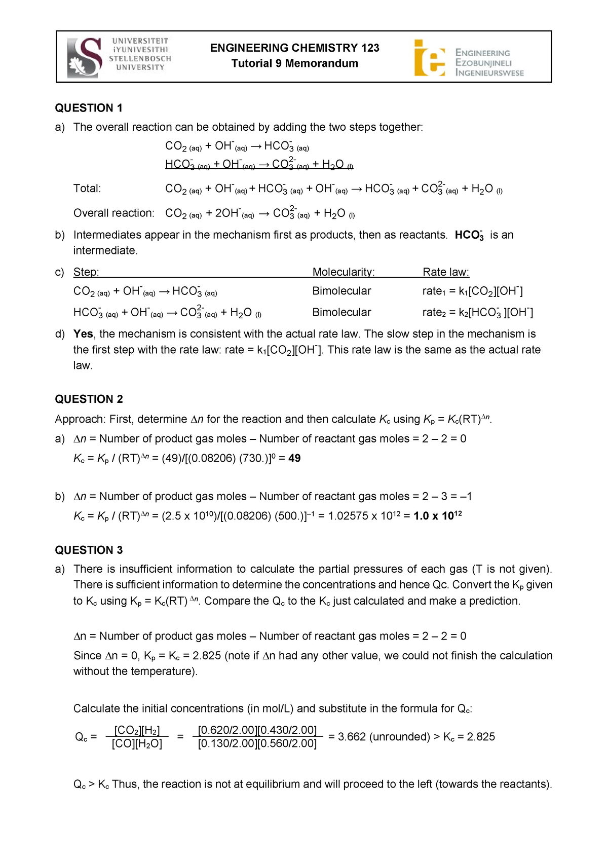 Tutoriaal 9 Memo - Engineering Chemistry 123 - Tutorial 9 Memo ...