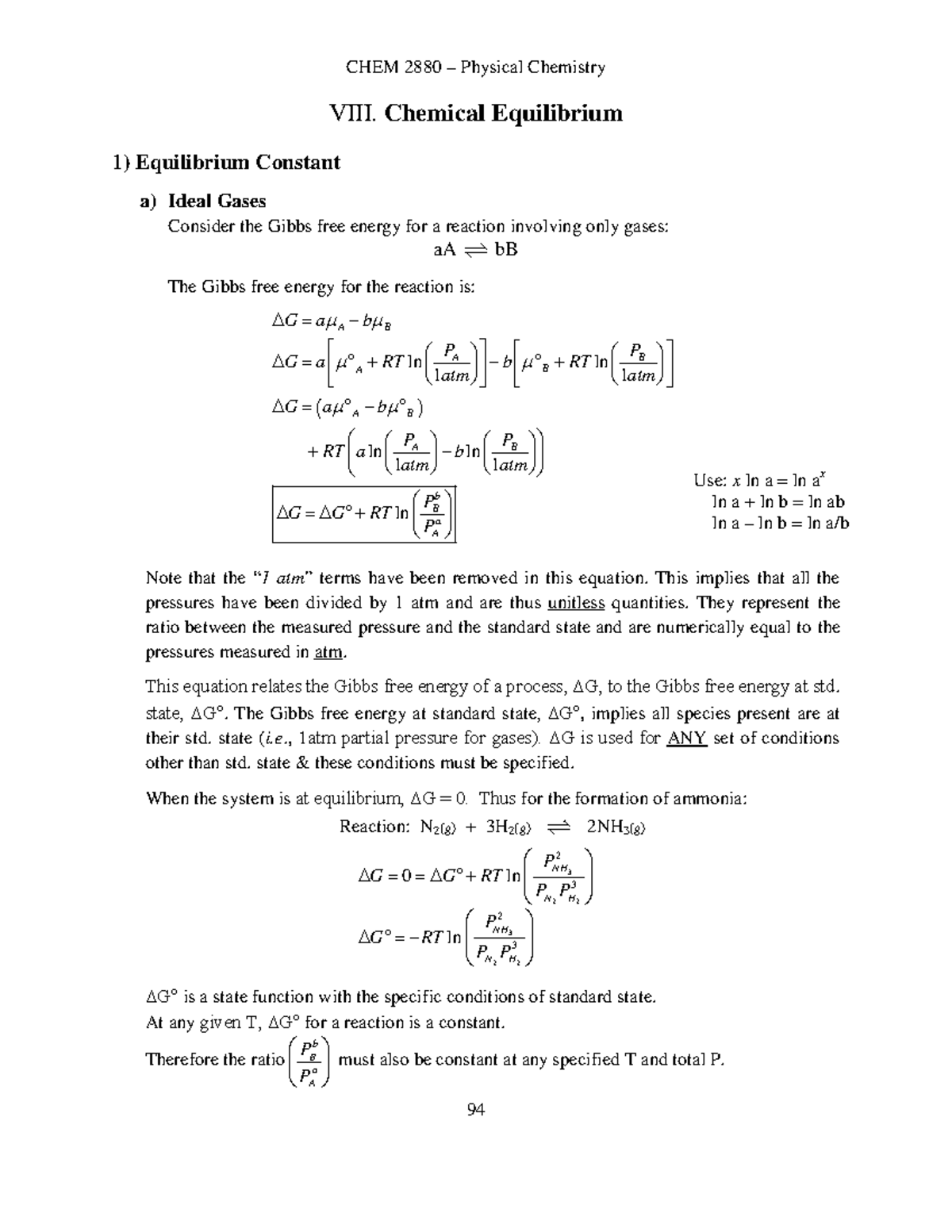 6 Chemical Equilibrium - CHEM 2880 – Physical Chemistry VIII. Chemical ...