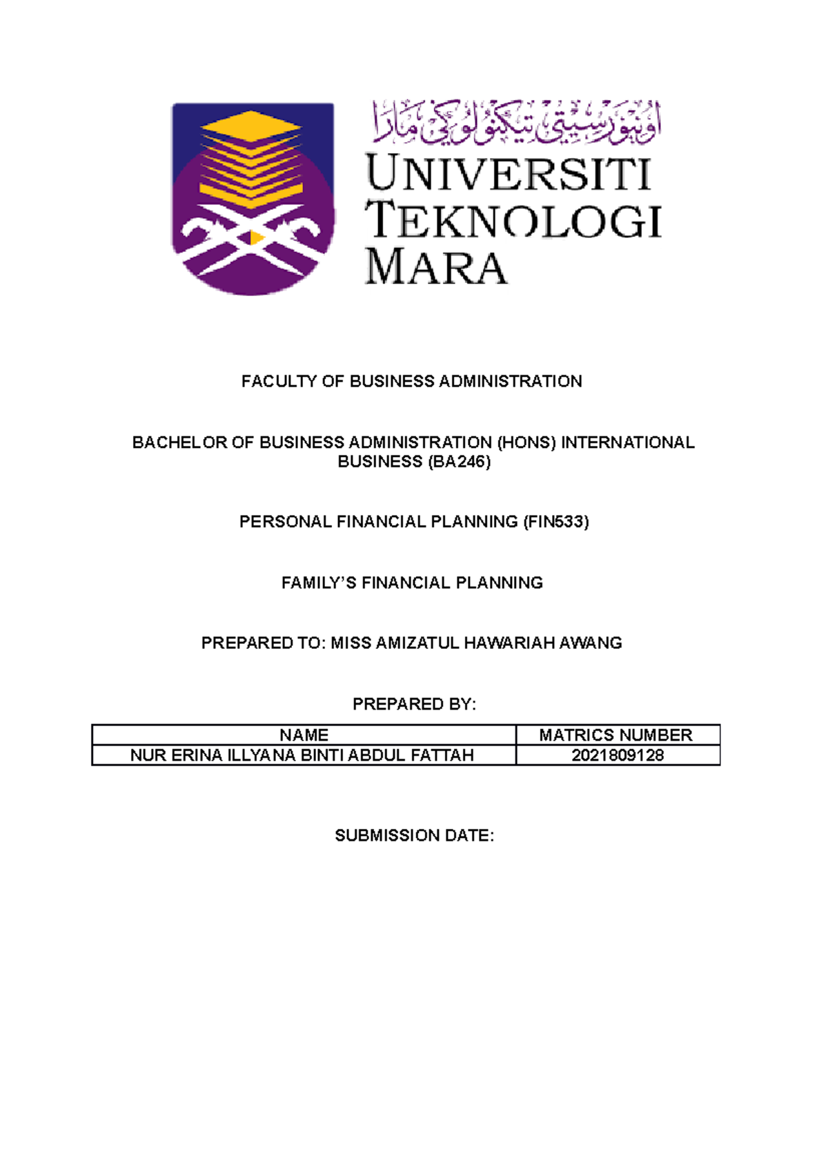 Individual Assignment FIN533 - FACULTY OF BUSINESS ADMINISTRATION ...